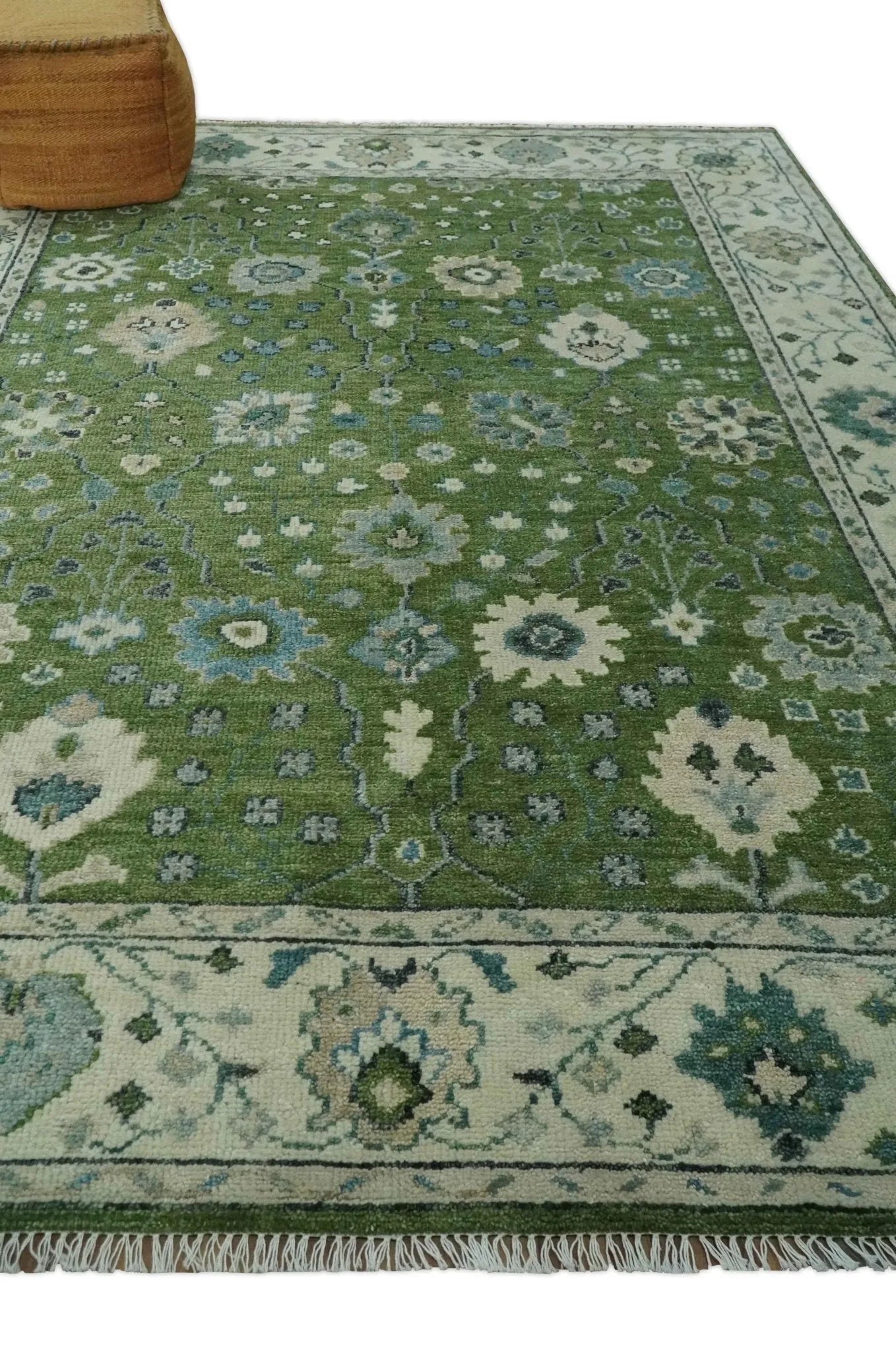 Royal Green and Ivory Custom Made Hand knotted Traditional Oushak wool Area Rug