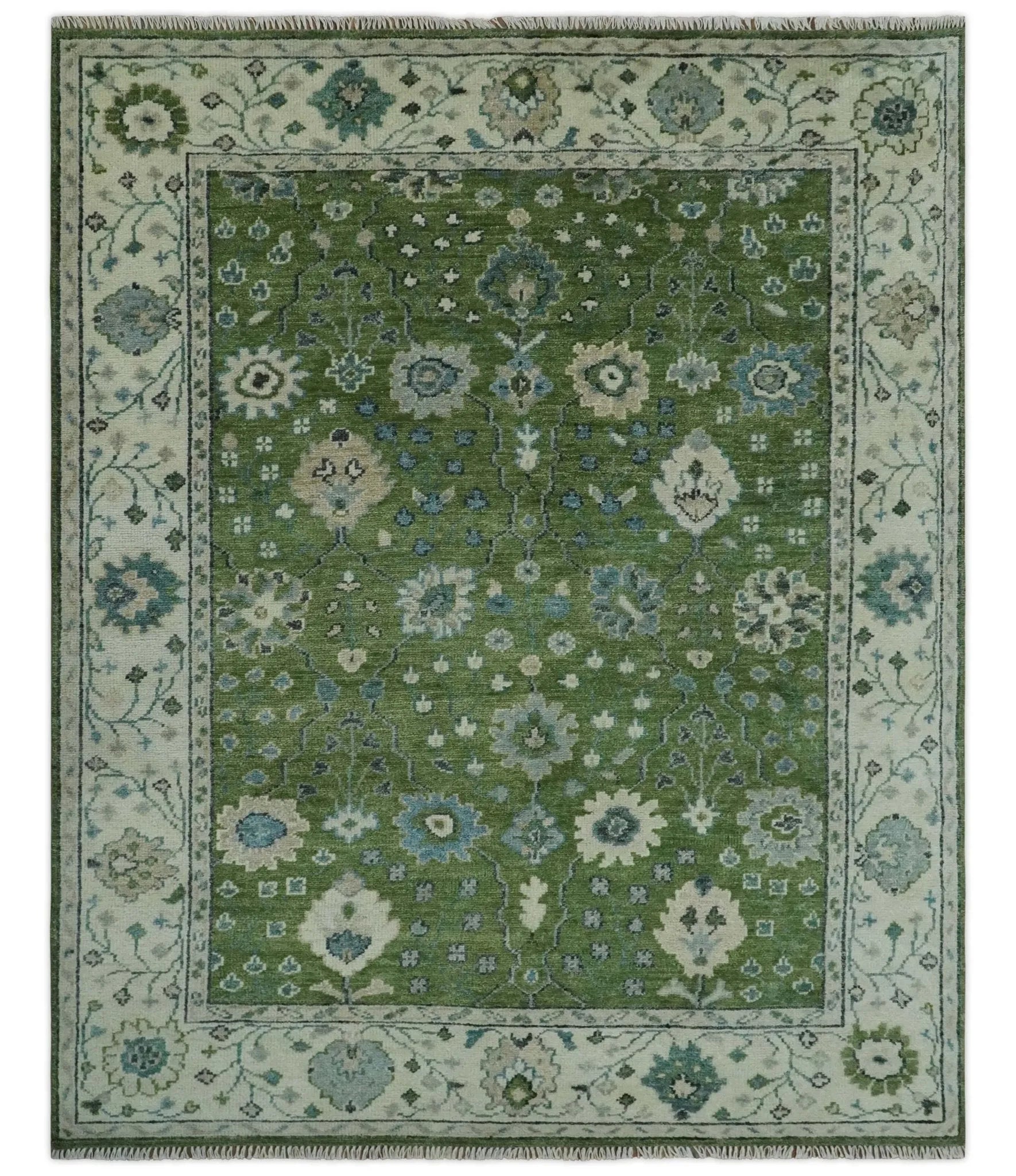 Royal Green and Ivory Custom Made Hand knotted Traditional Oushak wool Area Rug