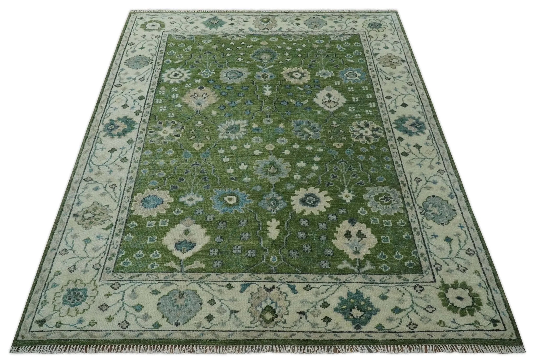 Royal Green and Ivory Custom Made Hand knotted Traditional Oushak wool Area Rug