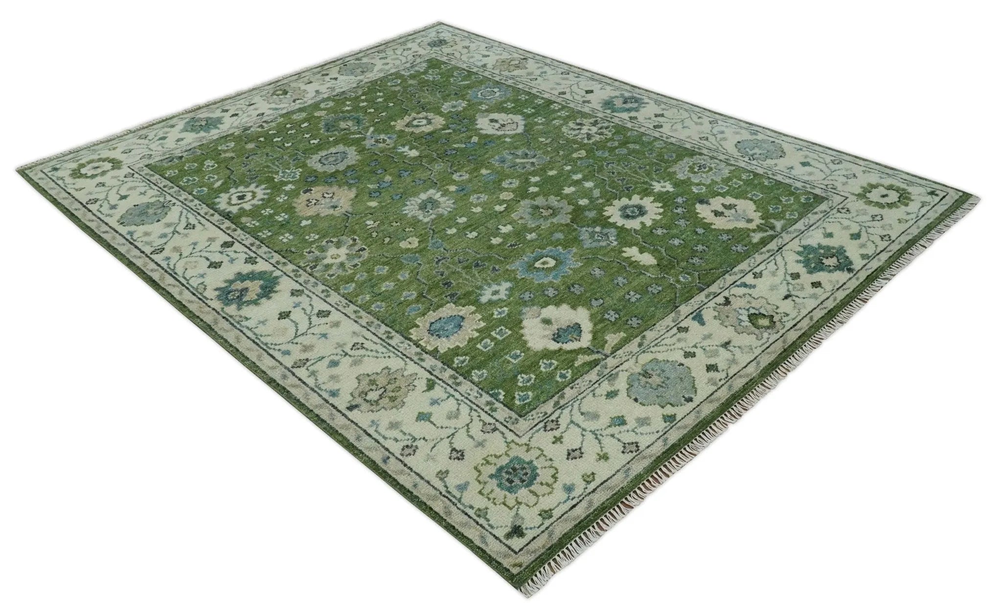 Royal Green and Ivory Custom Made Hand knotted Traditional Oushak wool Area Rug