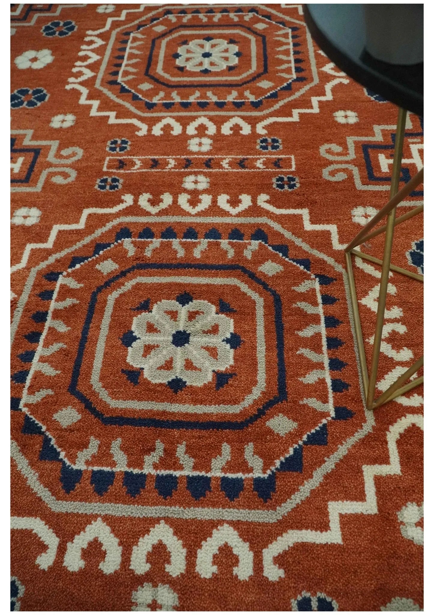 Rust, Ivory and Blue Traditional Mamluk design Hand Knotted Custom Made wool Area Rug