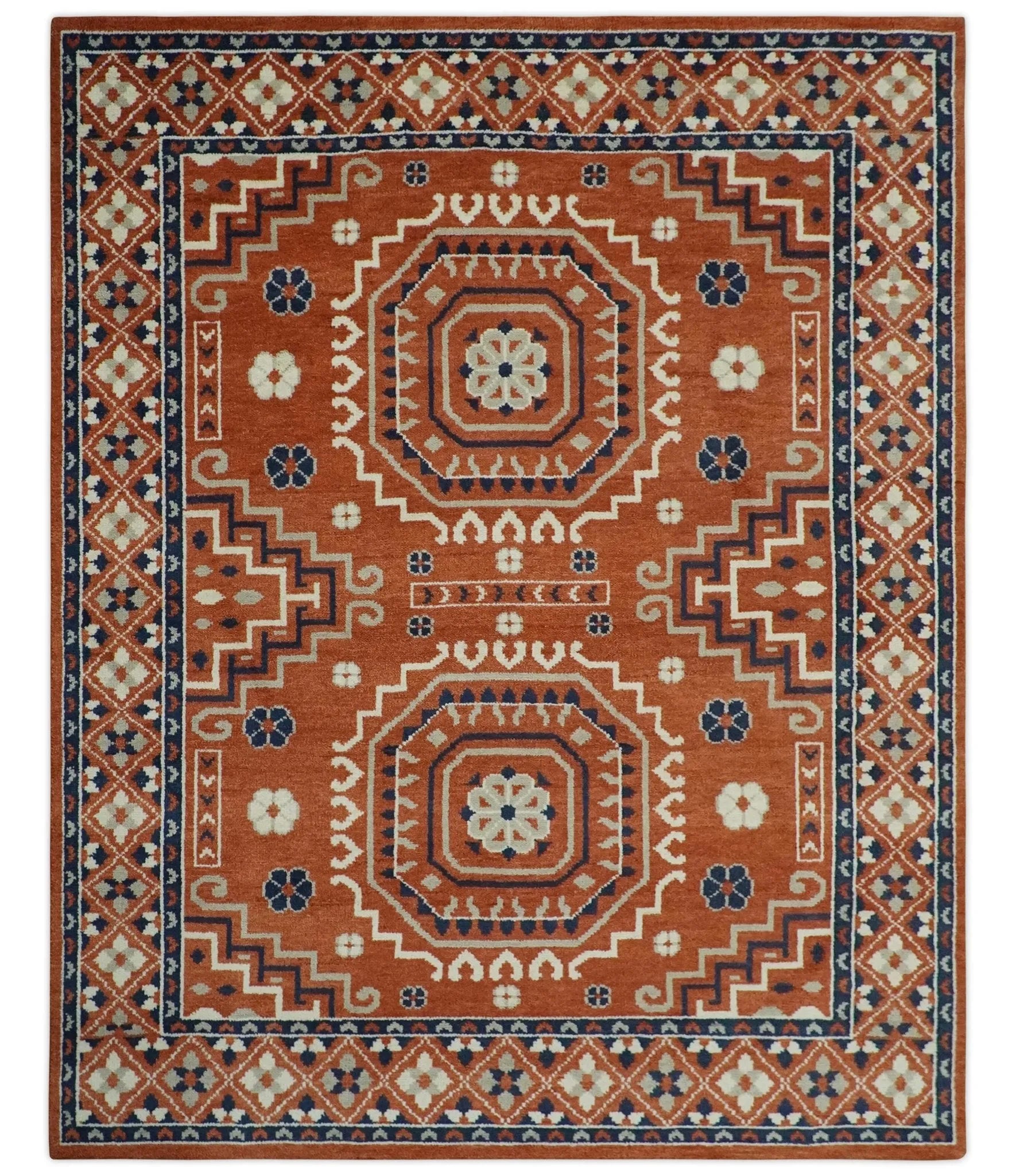 Rust, Ivory and Blue Traditional Mamluk design Hand Knotted Custom Made wool Area Rug