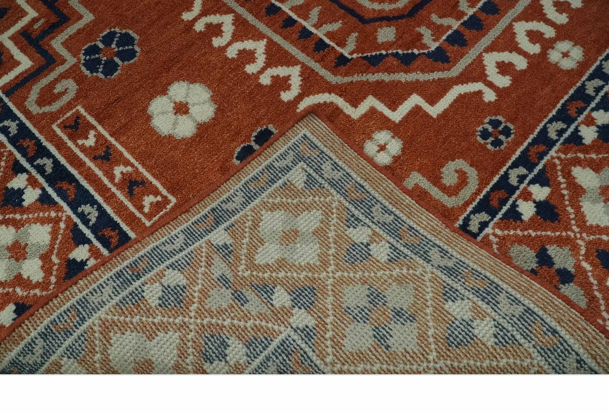 Rust, Ivory and Blue Traditional Mamluk design Hand Knotted Custom Made wool Area Rug