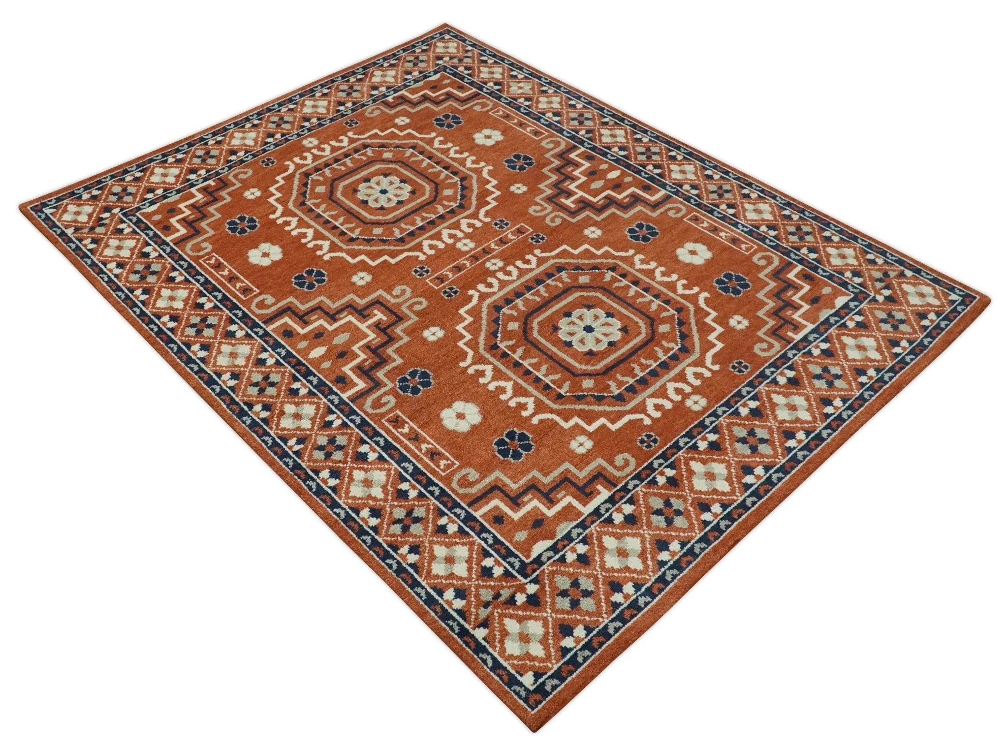 Rust, Ivory and Blue Traditional Mamluk design Hand Knotted Custom Made wool Area Rug