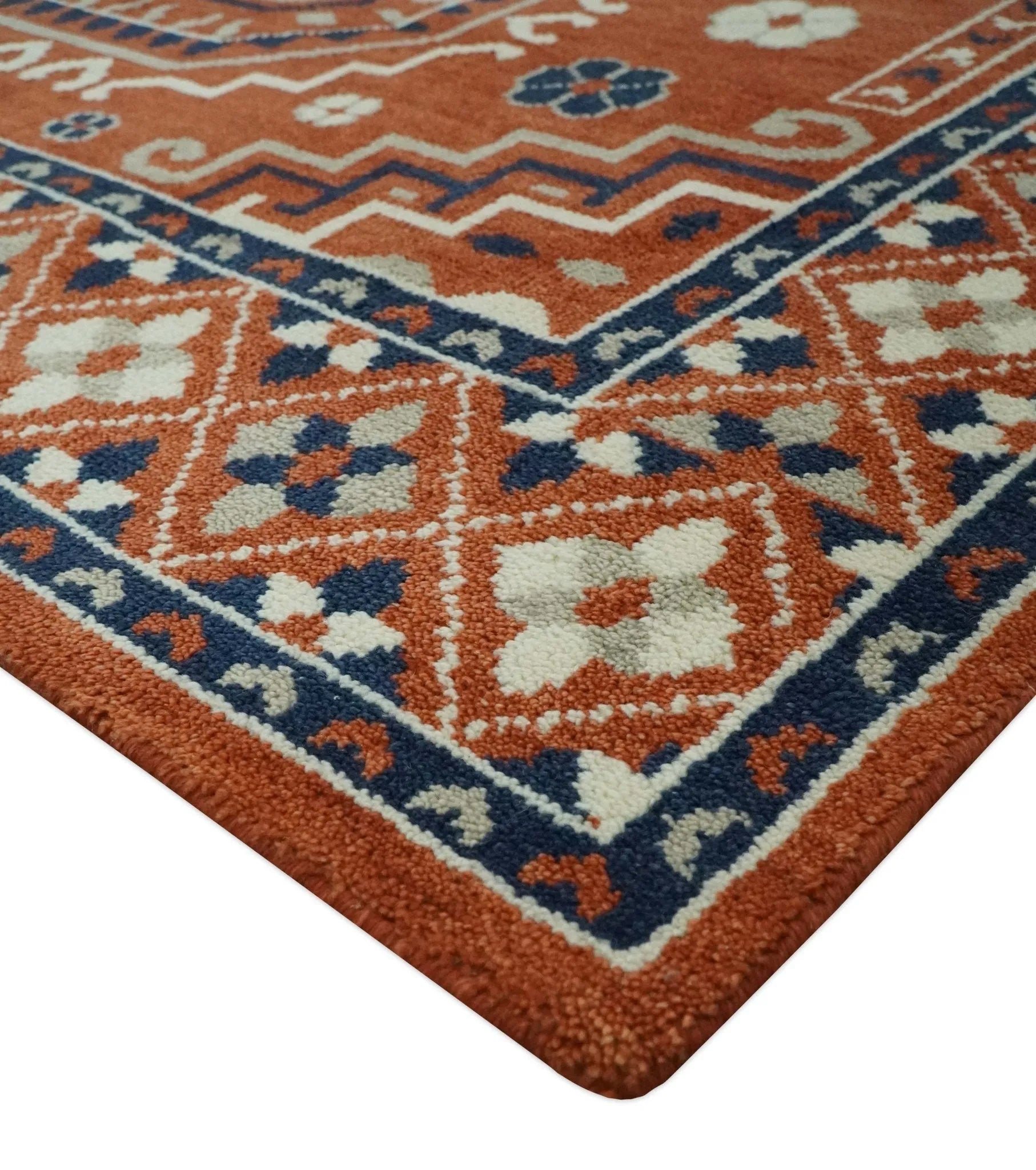 Rust, Ivory and Blue Traditional Mamluk design Hand Knotted Custom Made wool Area Rug