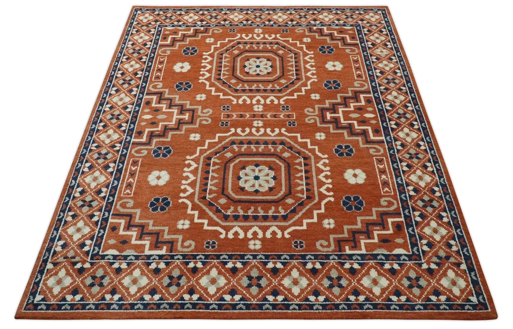 Rust, Ivory and Blue Traditional Mamluk design Hand Knotted Custom Made wool Area Rug