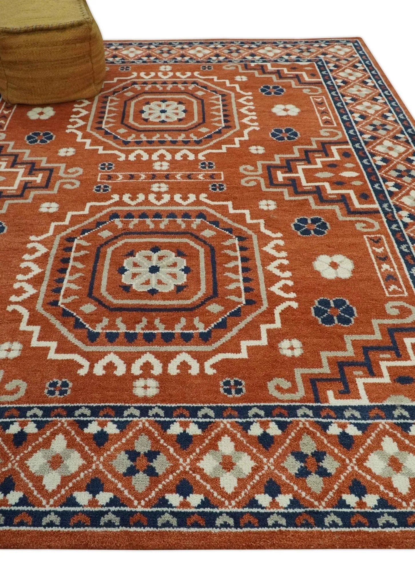 Rust, Ivory and Blue Traditional Mamluk design Hand Knotted Custom Made wool Area Rug