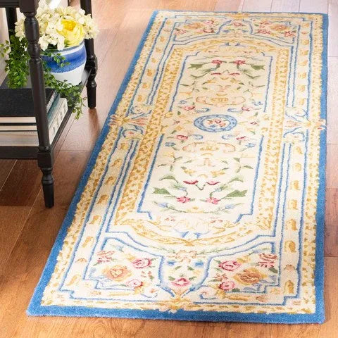 Savonnerie Wool Rug in Blue and Ivory