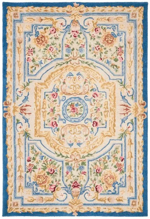 Savonnerie Wool Rug in Blue and Ivory