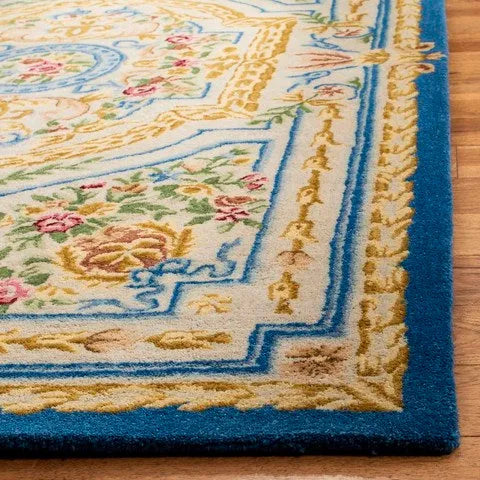 Savonnerie Wool Rug in Blue and Ivory