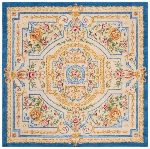 Savonnerie Wool Rug in Blue and Ivory