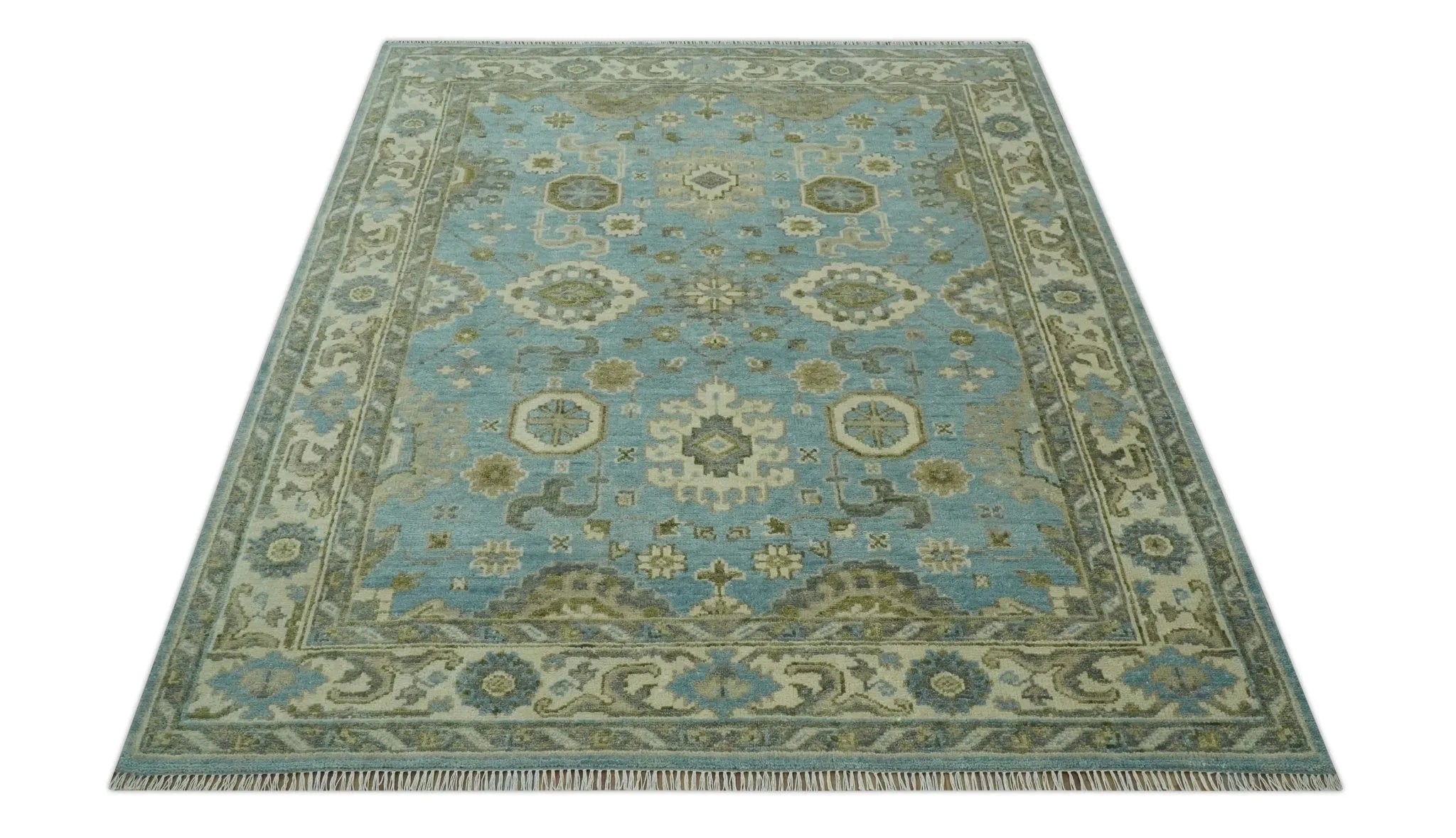 Sea Blue, Green and Ivory Hand Knotted Traditional Oushak Custom Made wool rug