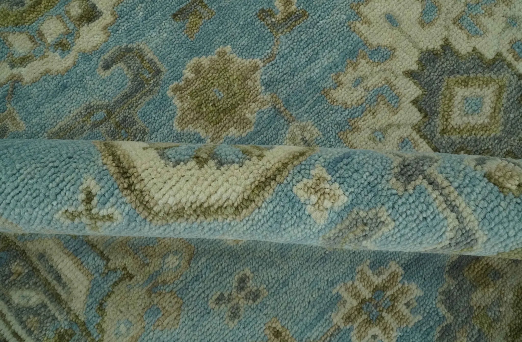 Sea Blue, Green and Ivory Hand Knotted Traditional Oushak Custom Made wool rug