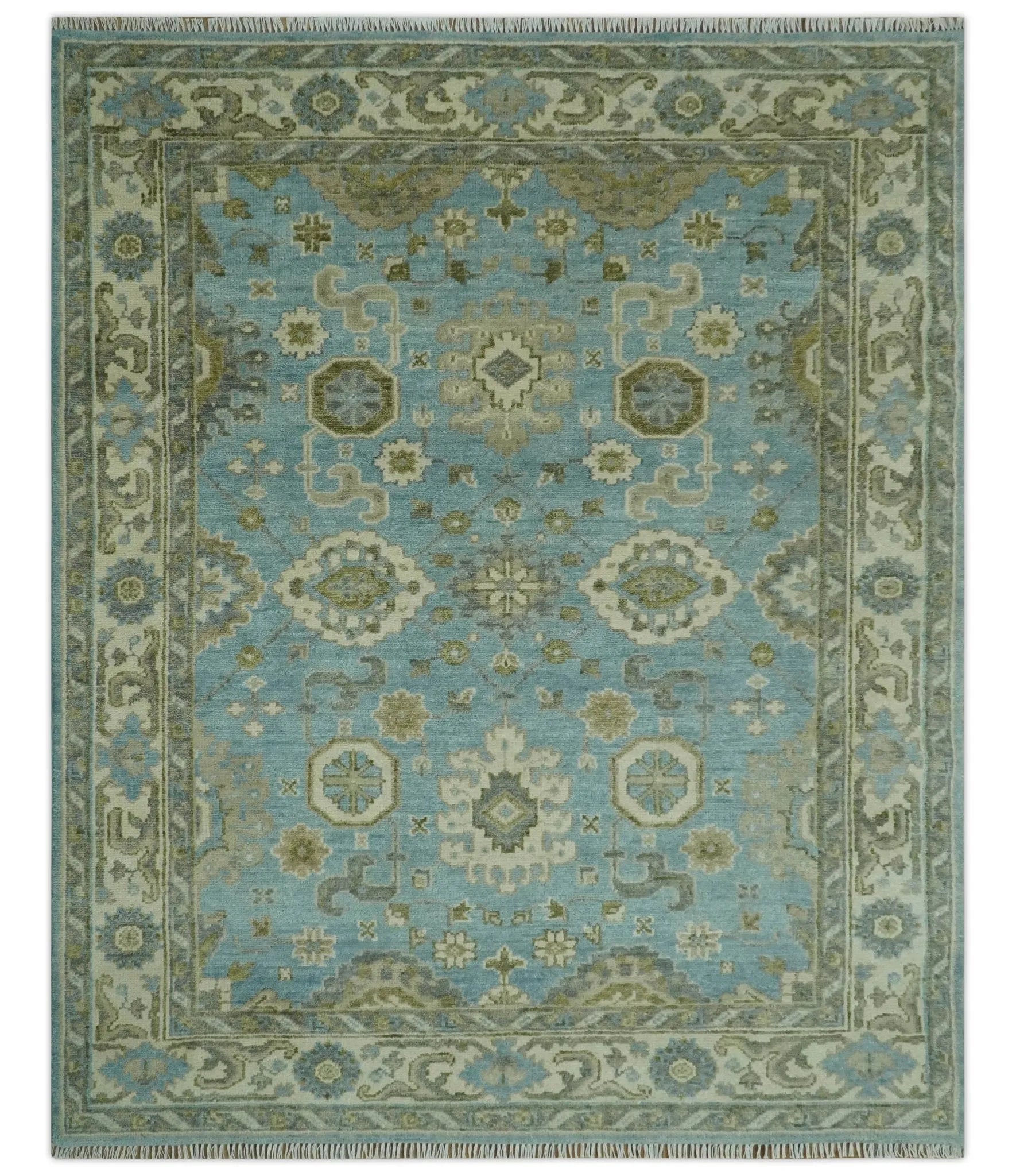 Sea Blue, Green and Ivory Hand Knotted Traditional Oushak Custom Made wool rug