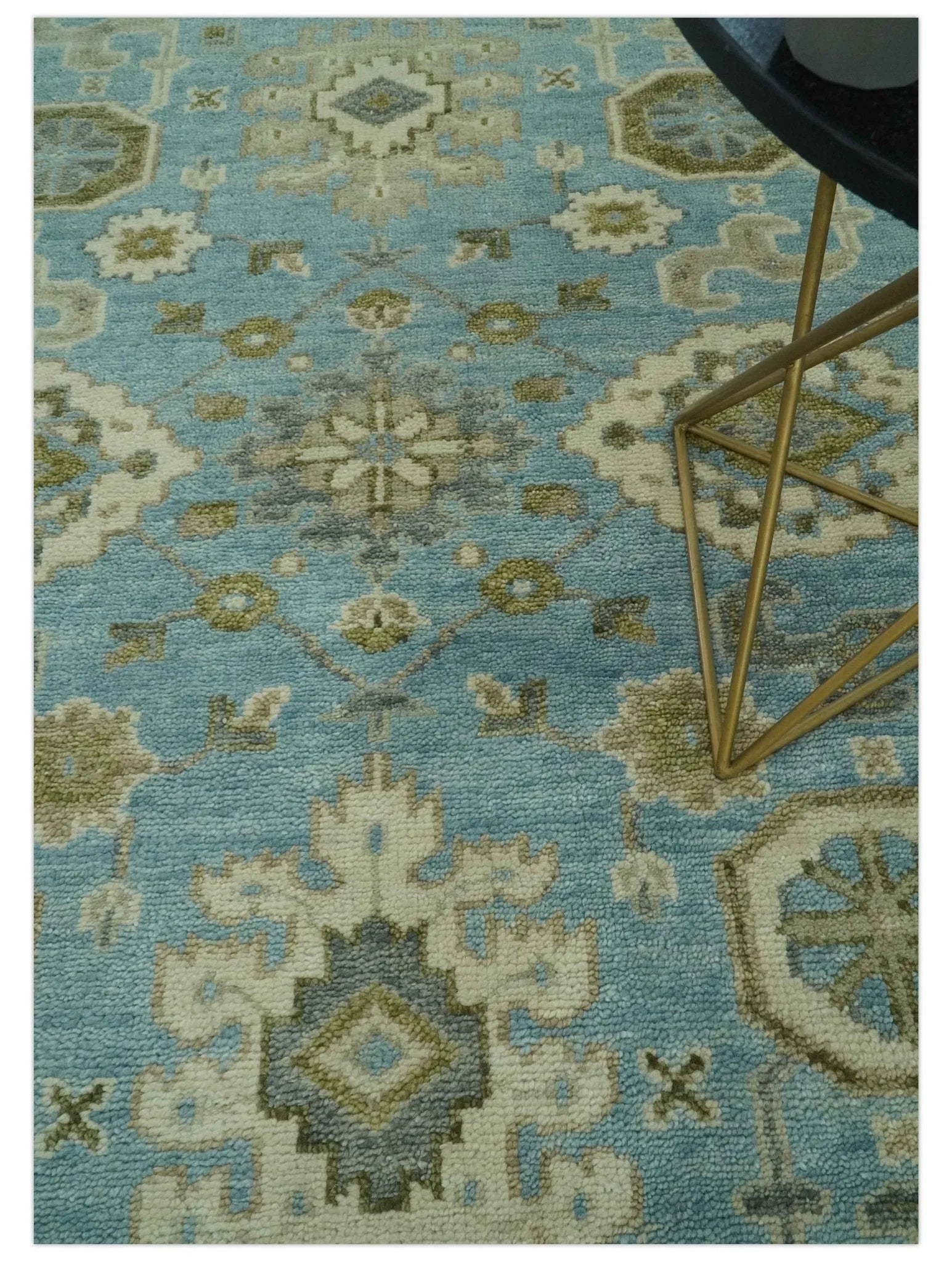 Sea Blue, Green and Ivory Hand Knotted Traditional Oushak Custom Made wool rug