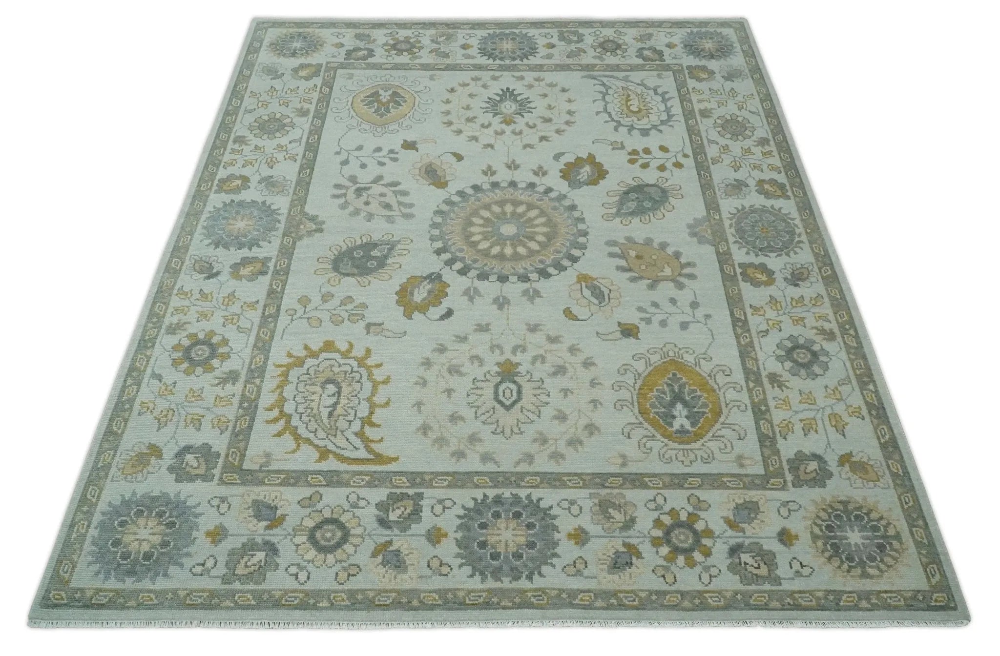 Silver, Olive and Gray Floral Herati Medallion Hand knotted Custom Made wool Area Rug