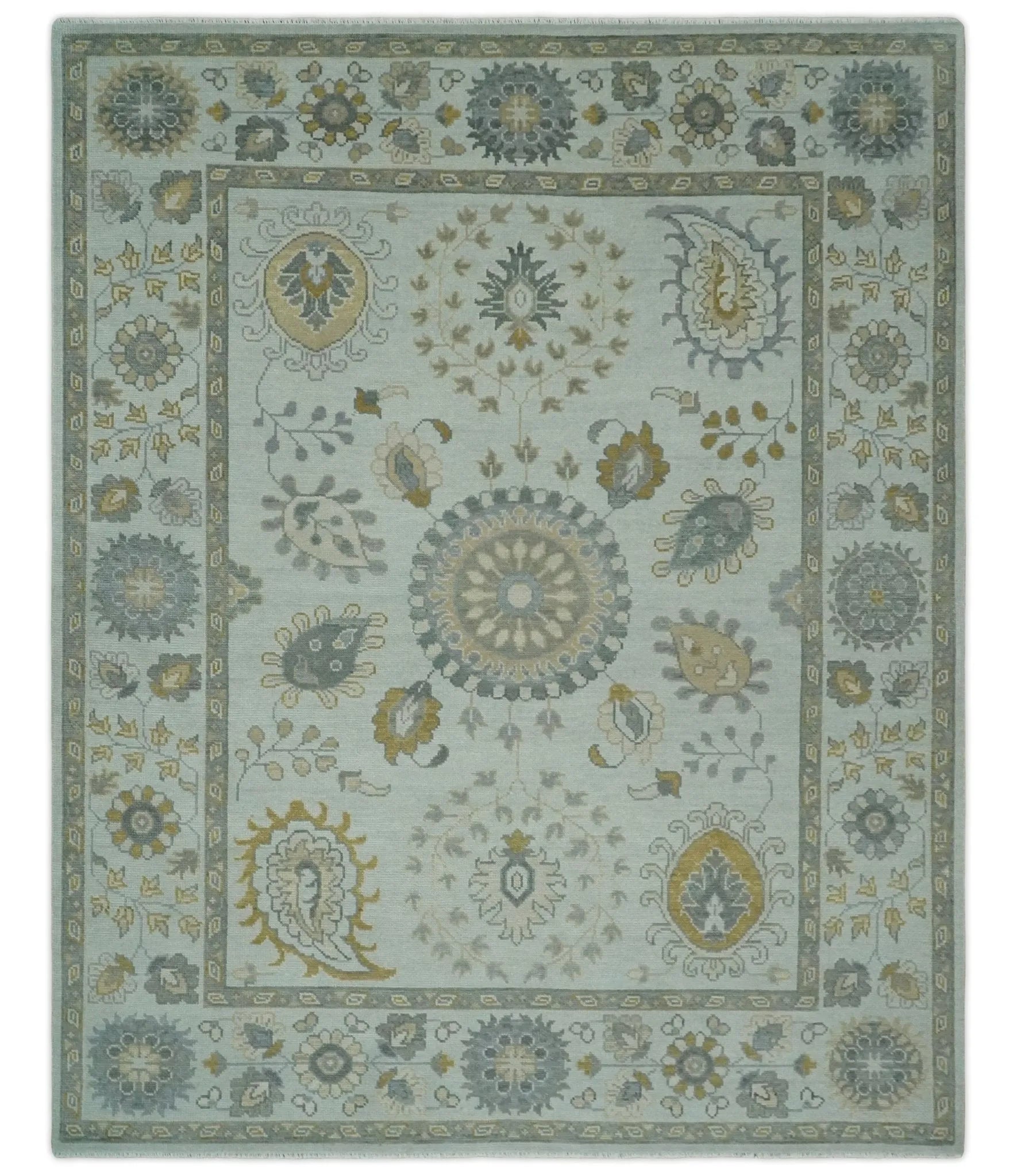 Silver, Olive and Gray Floral Herati Medallion Hand knotted Custom Made wool Area Rug