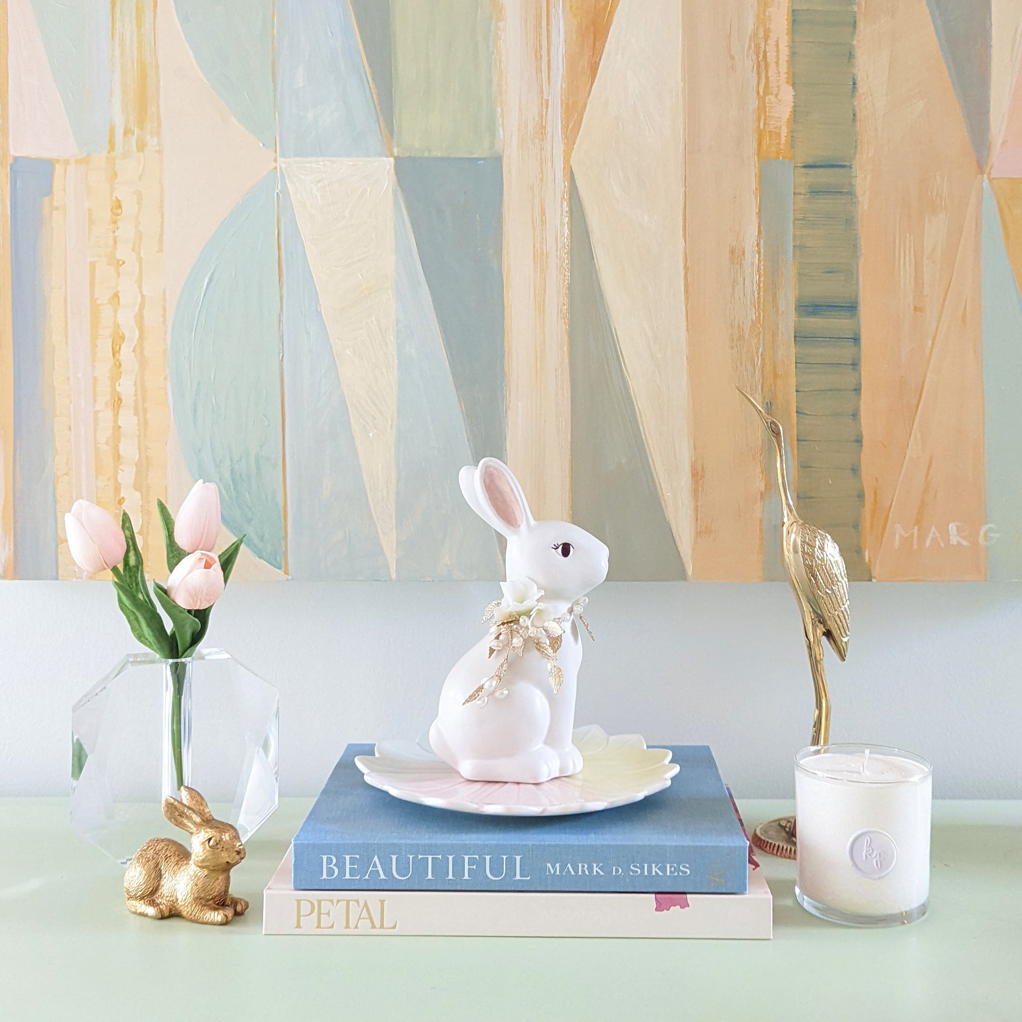 Ivory Sugar Bunny with Hydrangea, Pearl and Gold Accents