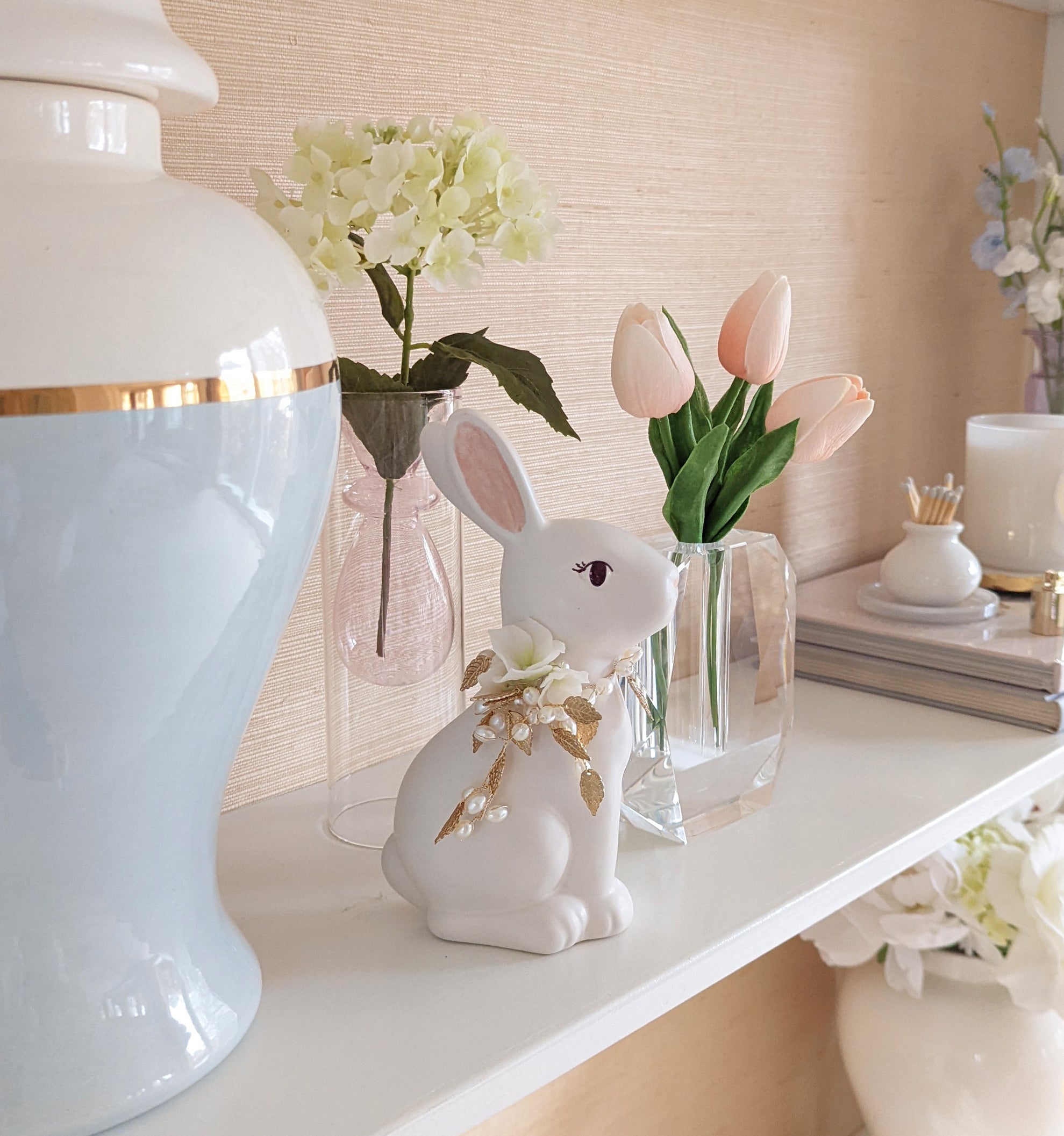 Ivory Sugar Bunny with Hydrangea, Pearl and Gold Accents