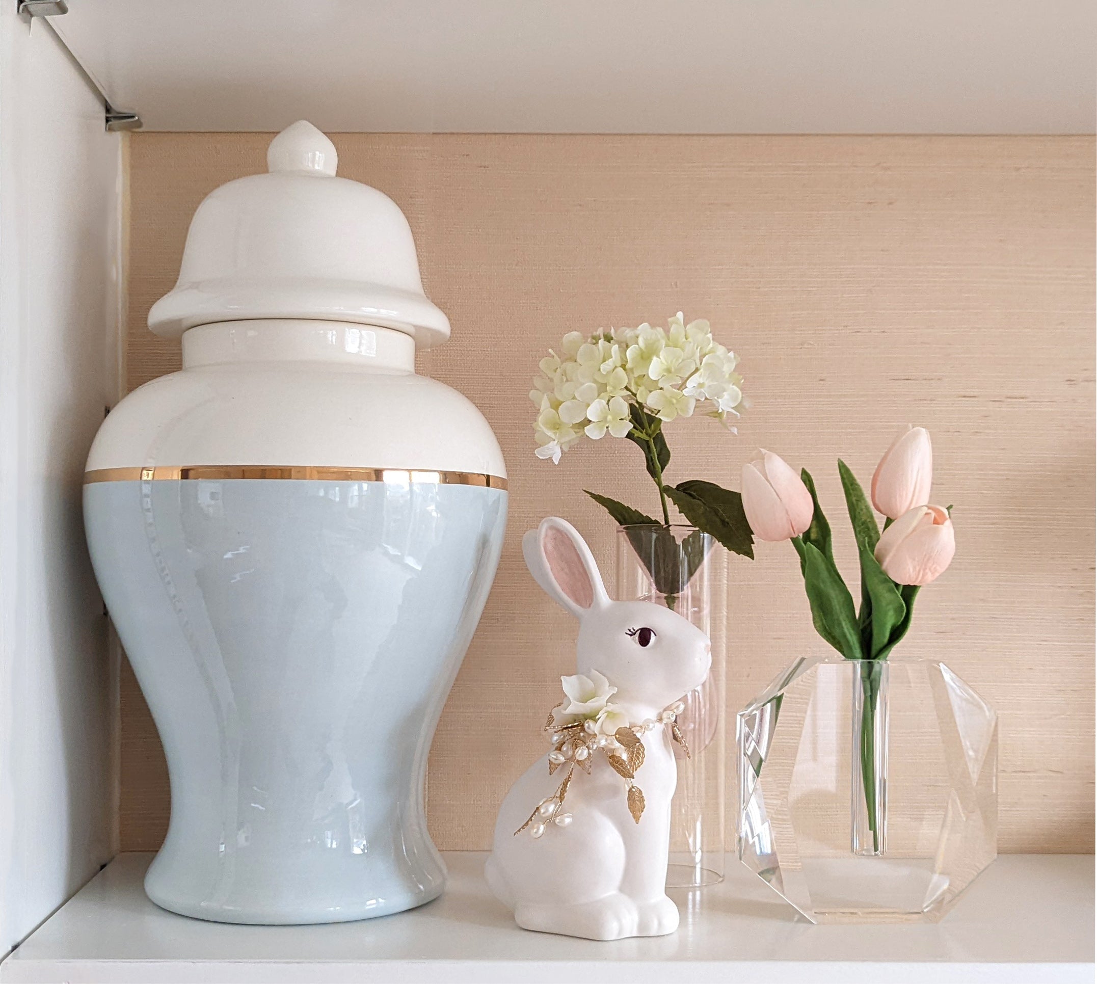 Ivory Sugar Bunny with Hydrangea, Pearl and Gold Accents