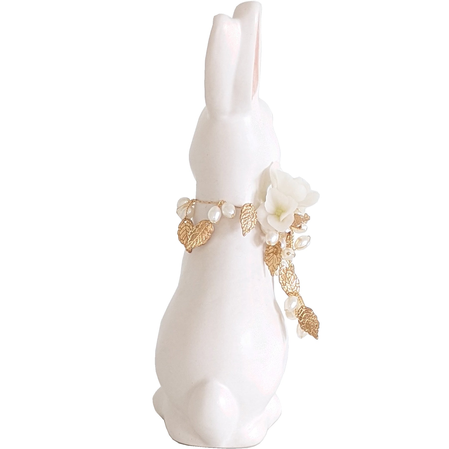 Ivory Sugar Bunny with Hydrangea, Pearl and Gold Accents