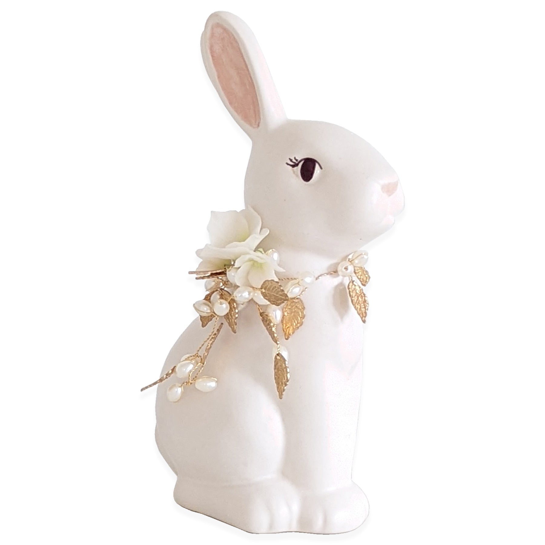 Ivory Sugar Bunny with Hydrangea, Pearl and Gold Accents