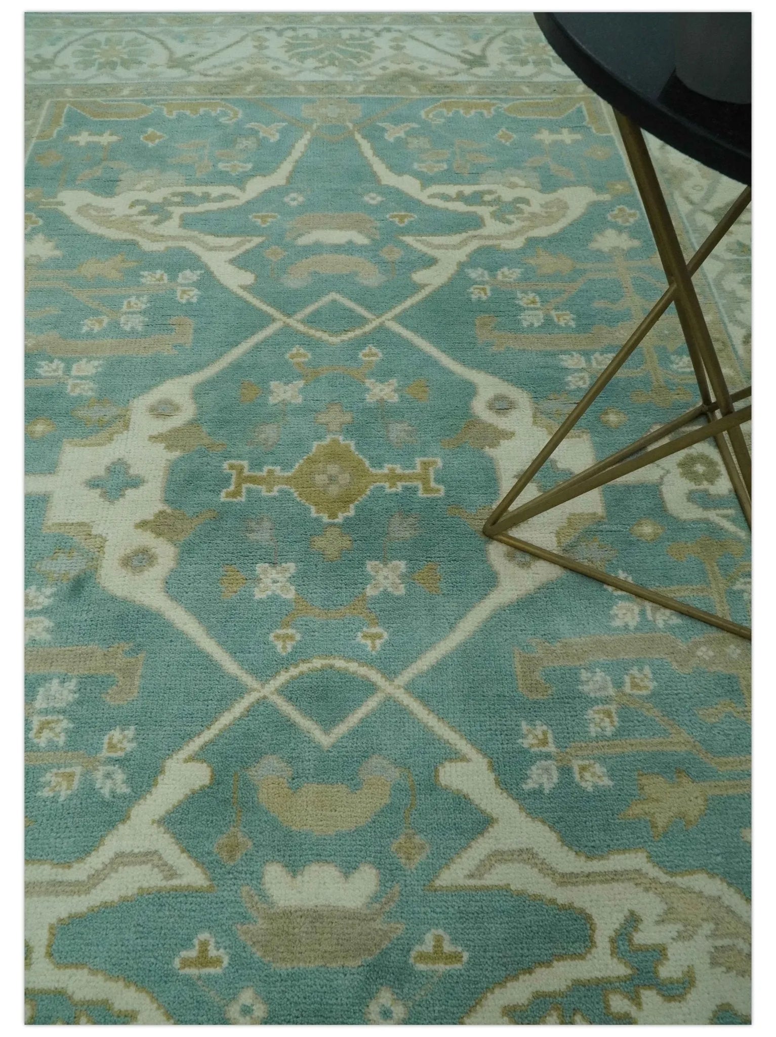 Teal and Ivory Hand Knotted Traditional Oriental Oushak Custom Made wool rug