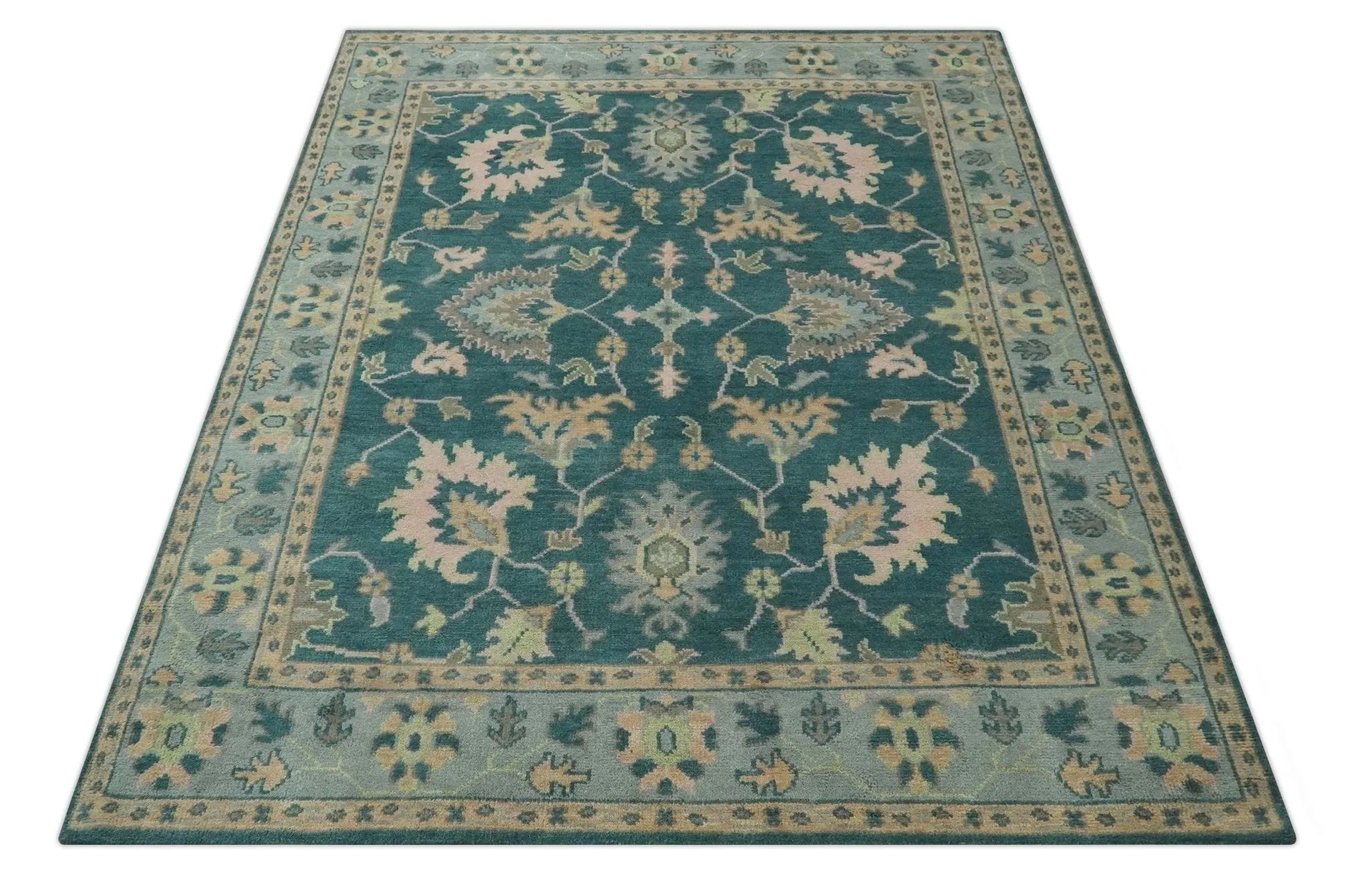 Teal, Gray and Beige Hand Knotted Traditional Oushak Custom Made wool Area Rug