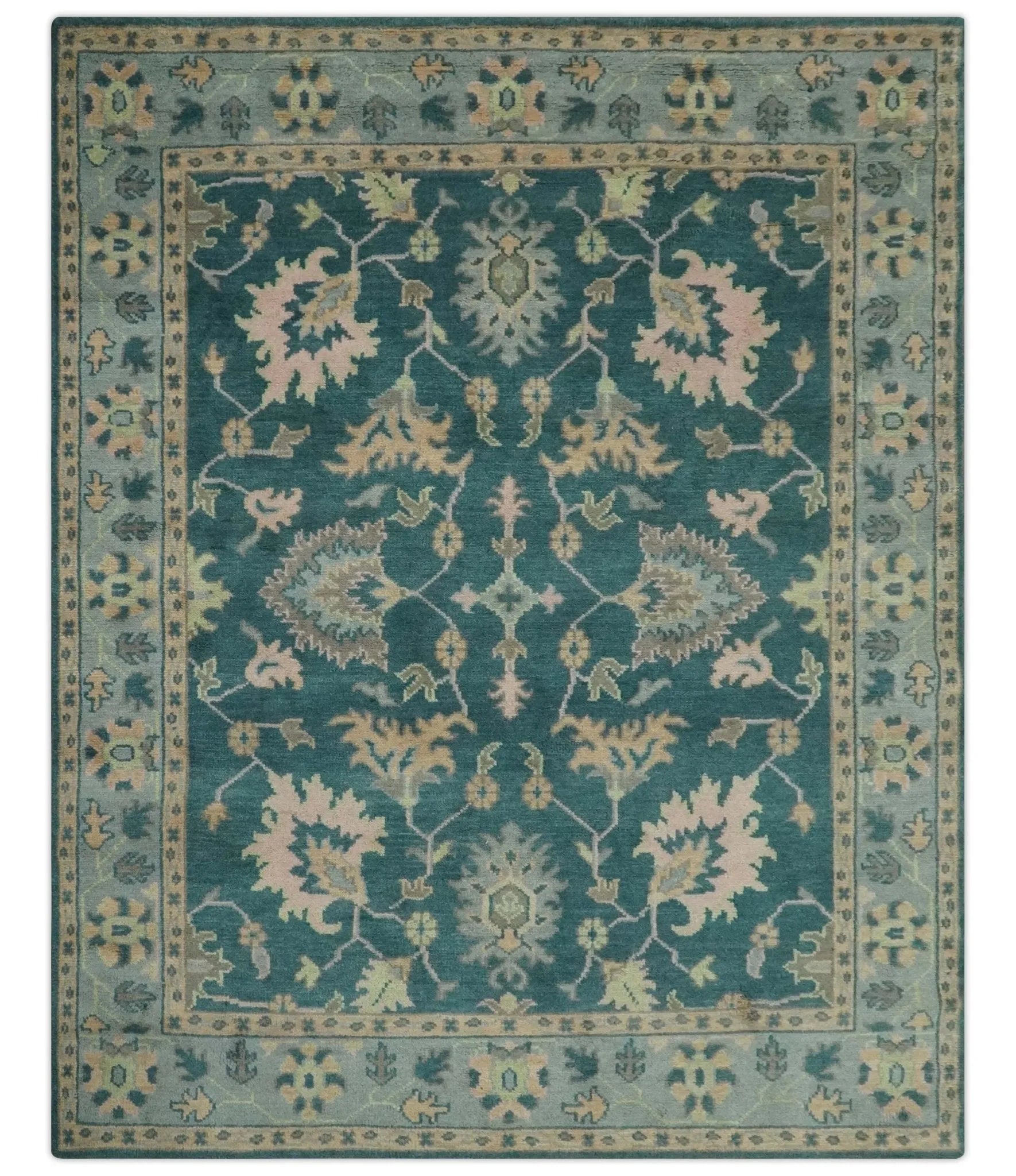 Teal, Gray and Beige Hand Knotted Traditional Oushak Custom Made wool Area Rug