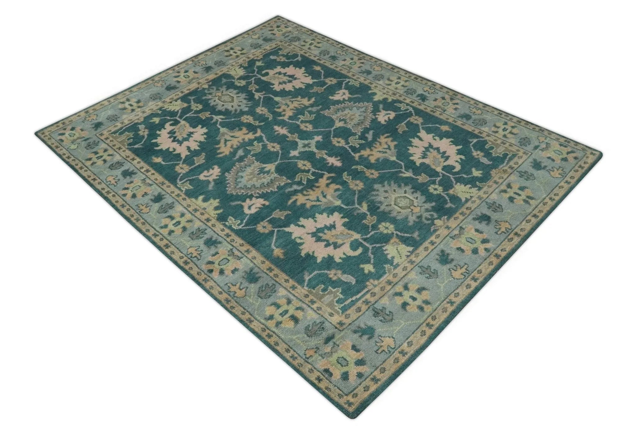 Teal, Gray and Beige Hand Knotted Traditional Oushak Custom Made wool Area Rug