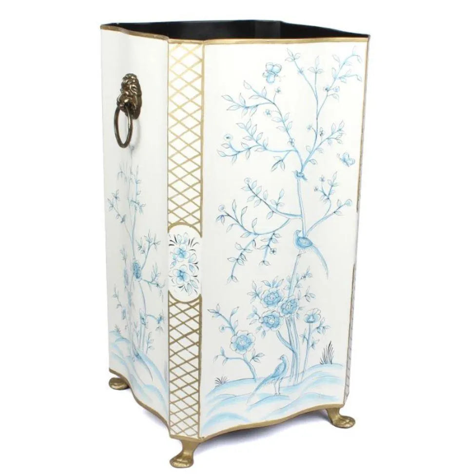 The Enchanted Home Scalloped Umbrella Stand in Ivory/Blue with Chinoiserie Design