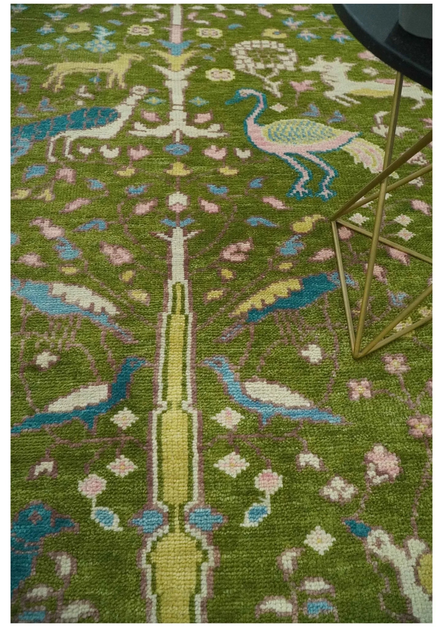 The Green Jungle Life Teal and Peach Peacock Bird Hand Knotted Custom Made Wool Area Rug