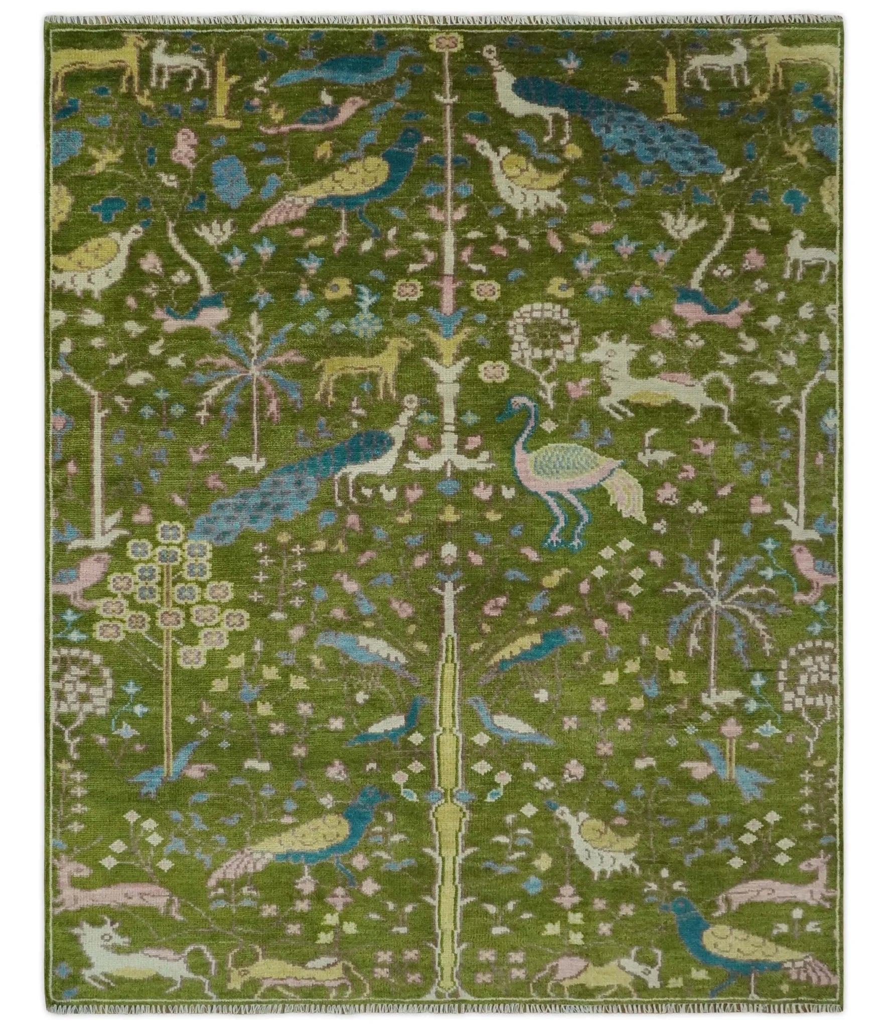 The Green Jungle Life Teal and Peach Peacock Bird Hand Knotted Custom Made Wool Area Rug