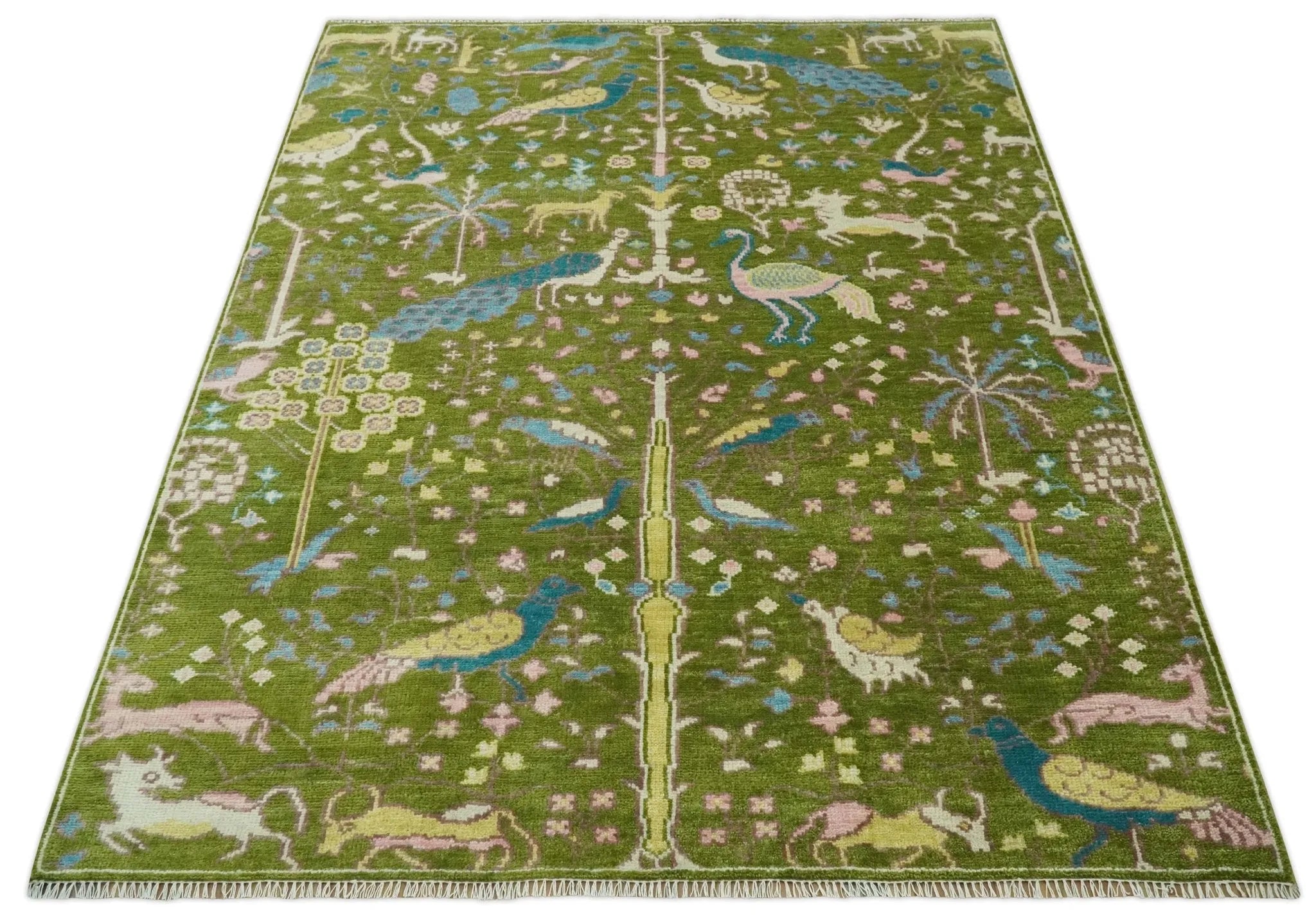 The Green Jungle Life Teal and Peach Peacock Bird Hand Knotted Custom Made Wool Area Rug