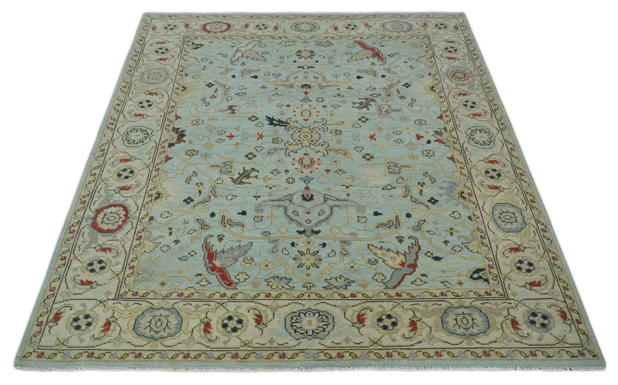 Traditional Aqua and Beige Hand knotted Oriental Oushak Custom Made wool Area Rug