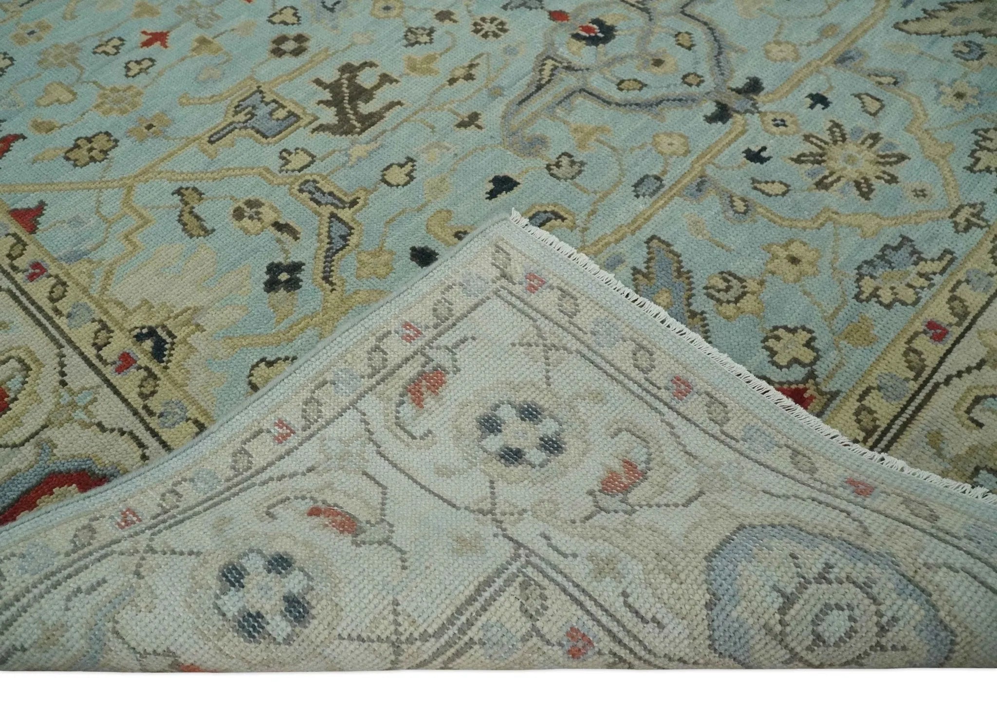 Traditional Aqua and Beige Hand knotted Oriental Oushak Custom Made wool Area Rug