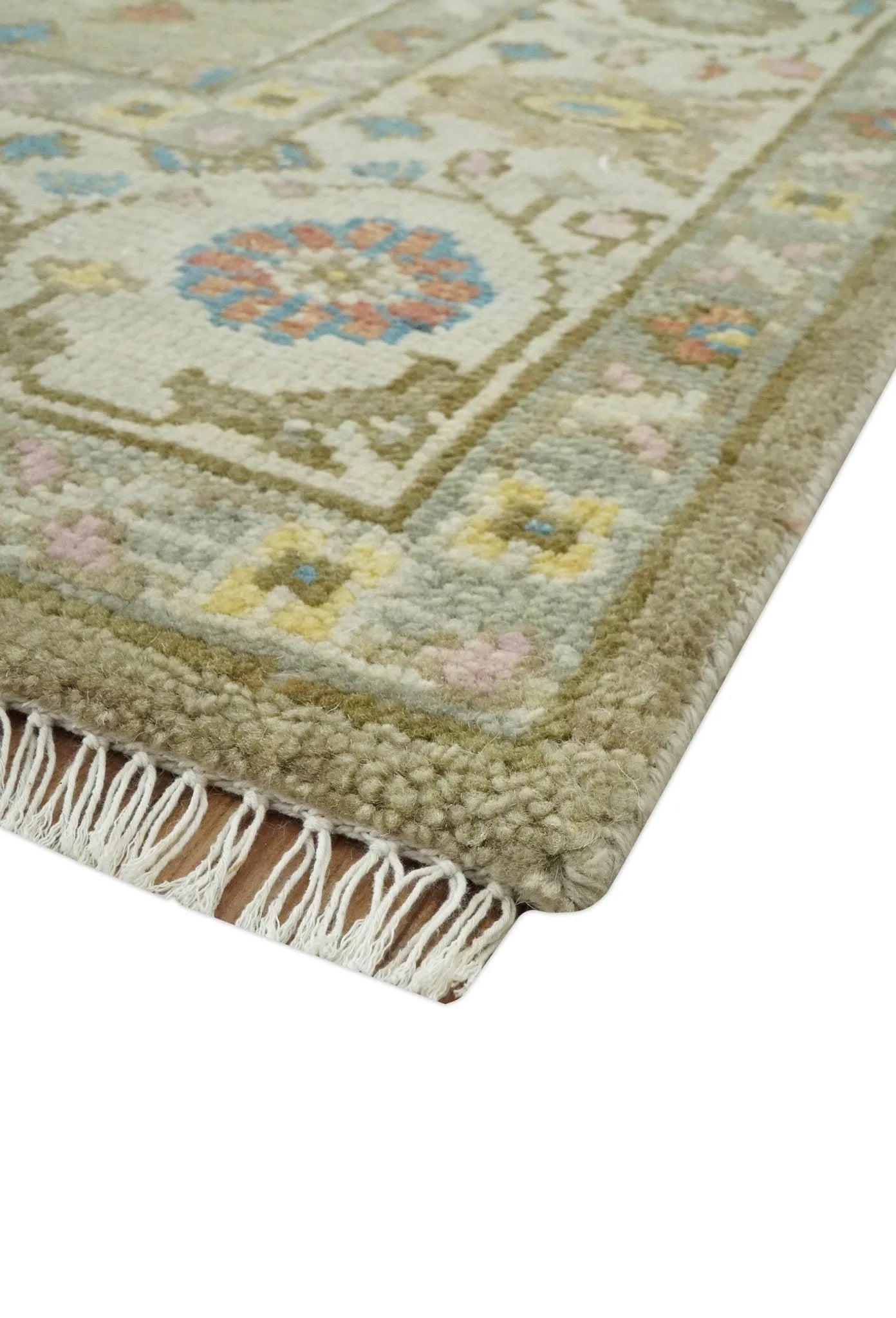 Traditional Floral Olive and Ivory Hand Knotted Oriental Oushak Custom Made wool area rug