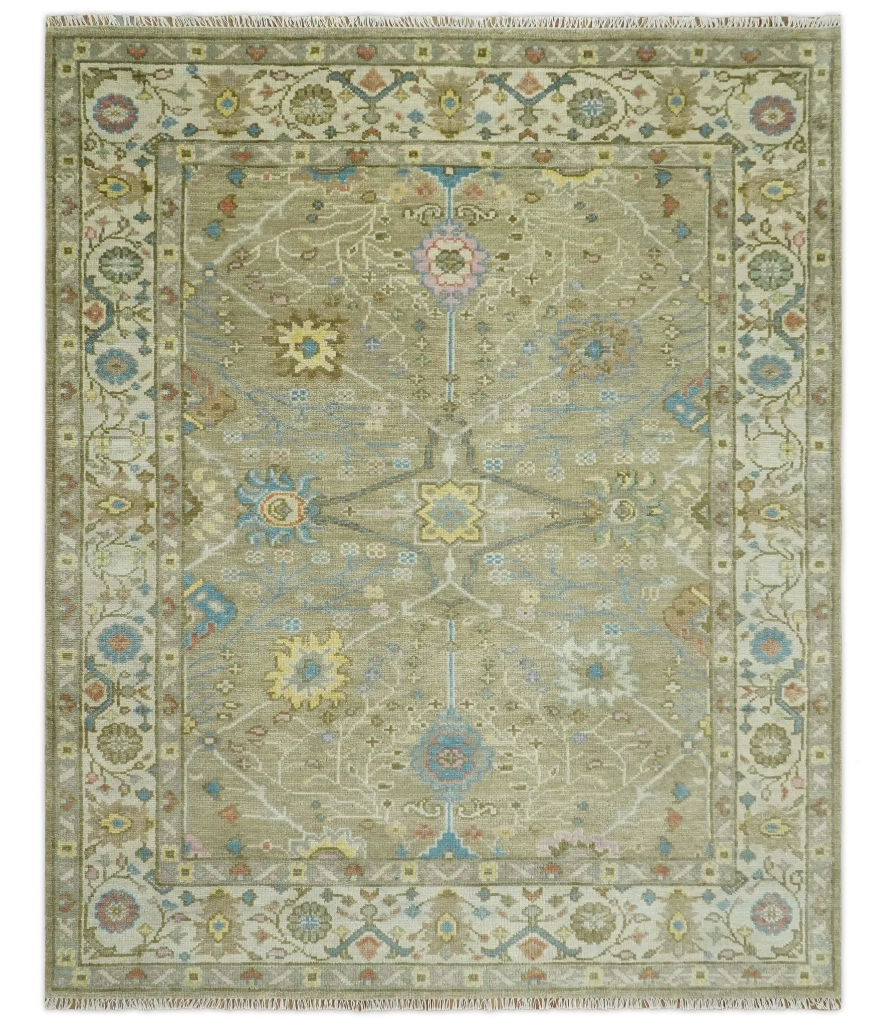 Traditional Floral Olive and Ivory Hand Knotted Oriental Oushak Custom Made wool area rug