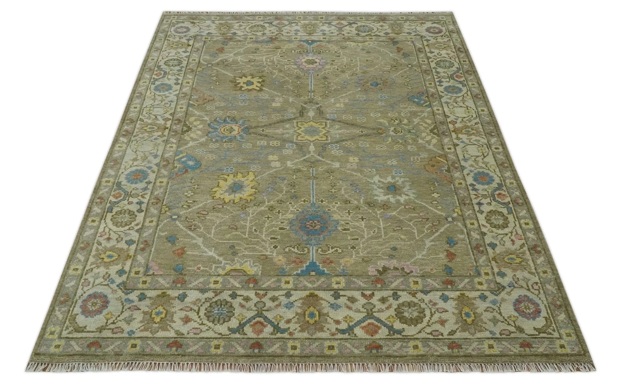 Traditional Floral Olive and Ivory Hand Knotted Oriental Oushak Custom Made wool area rug