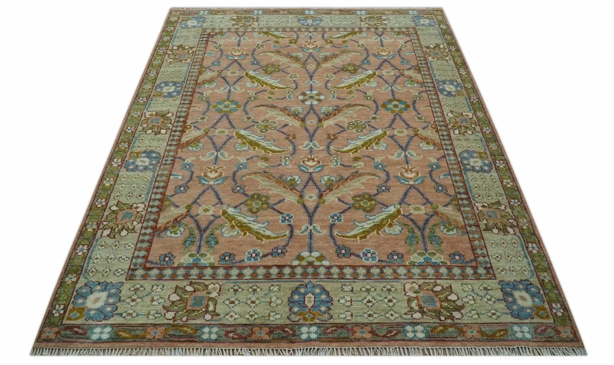 Traditional Floral Peach Hand Knotted Custom Made wool area rug