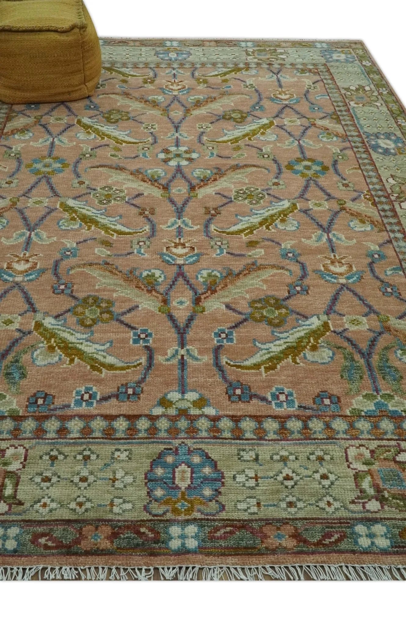 Traditional Floral Peach Hand Knotted Custom Made wool area rug