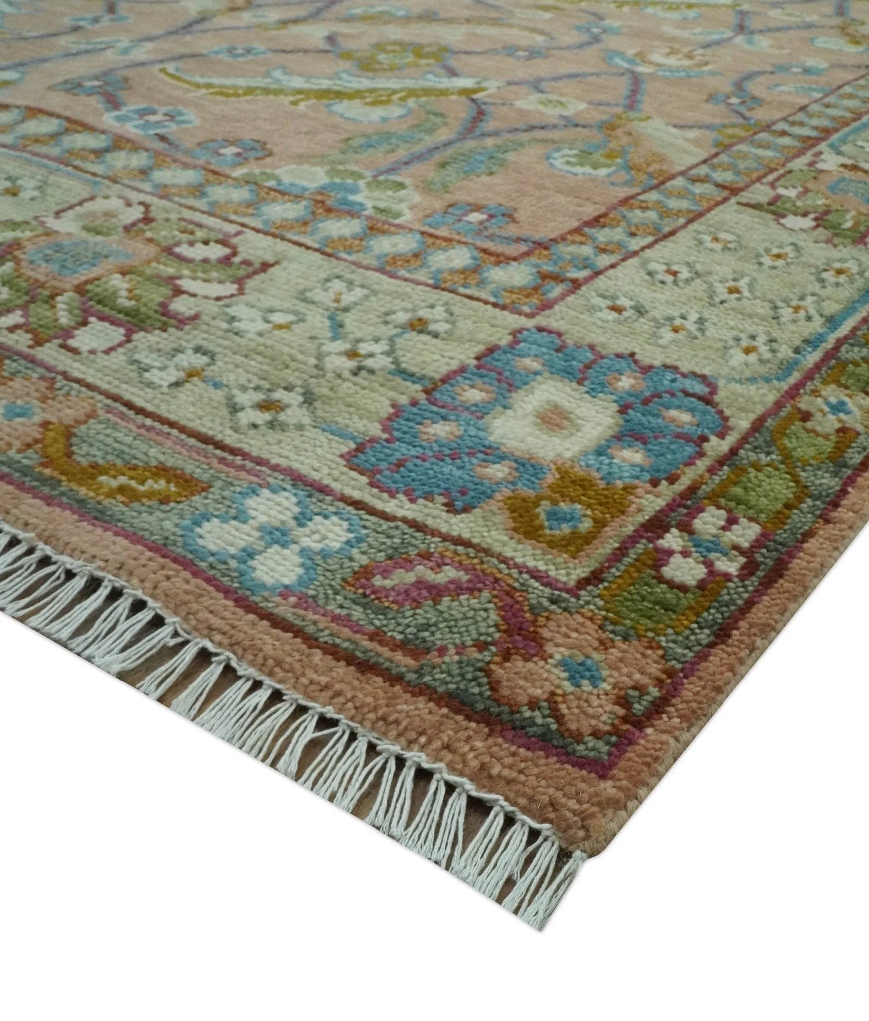 Traditional Floral Peach Hand Knotted Custom Made wool area rug