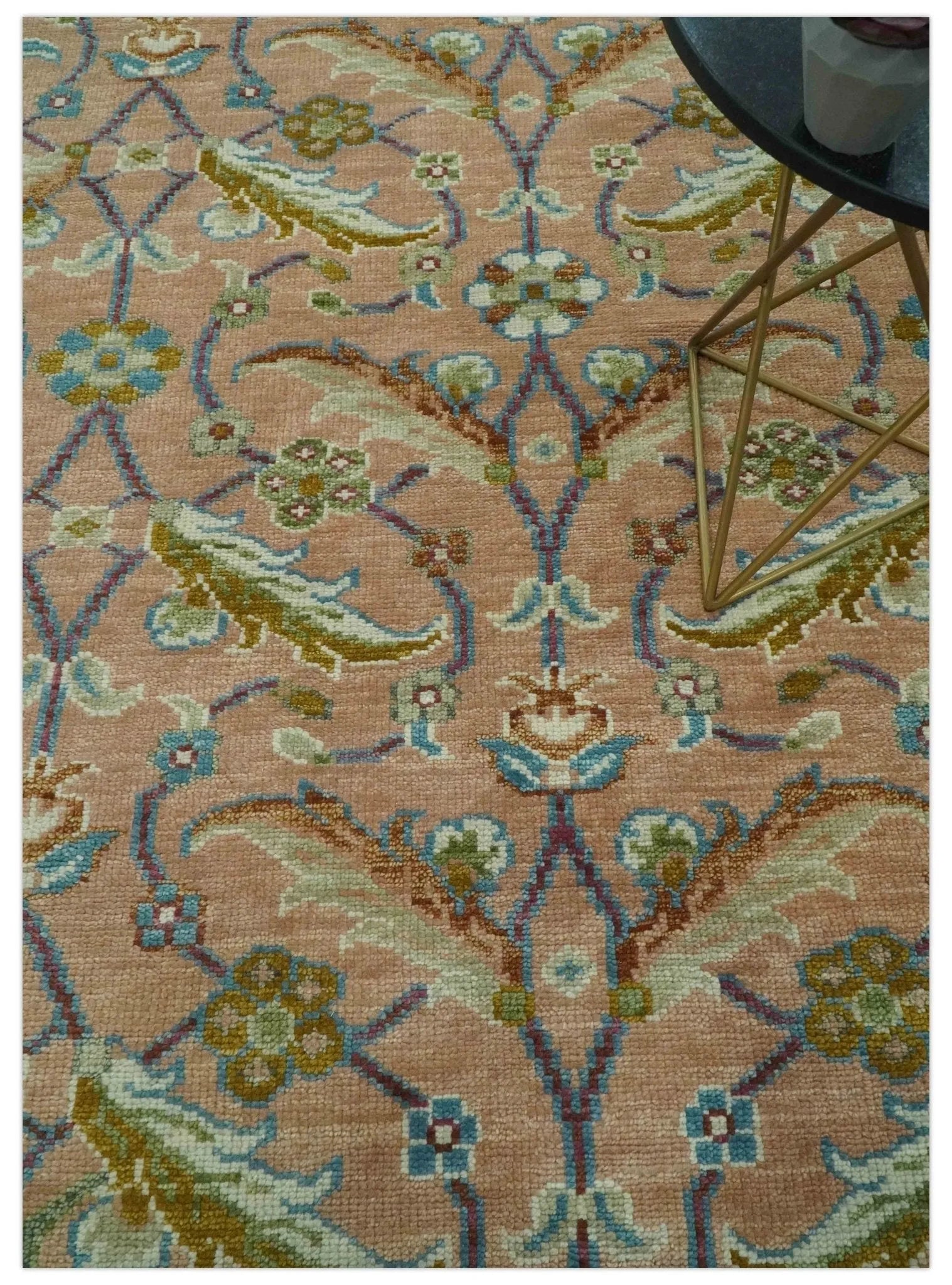 Traditional Floral Peach Hand Knotted Custom Made wool area rug