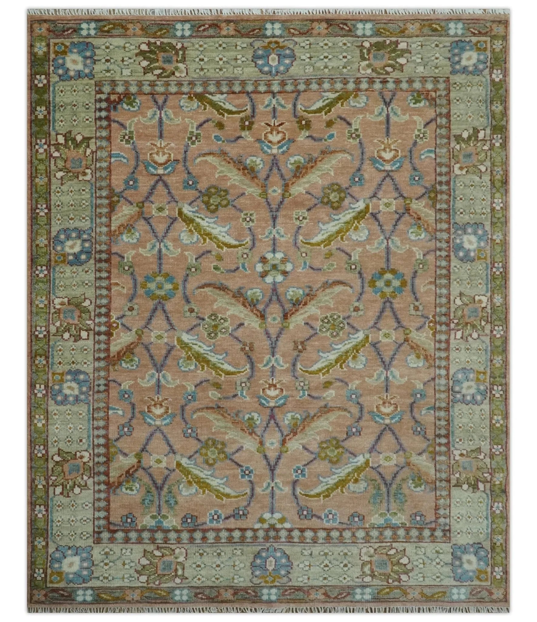 Traditional Floral Peach Hand Knotted Custom Made wool area rug