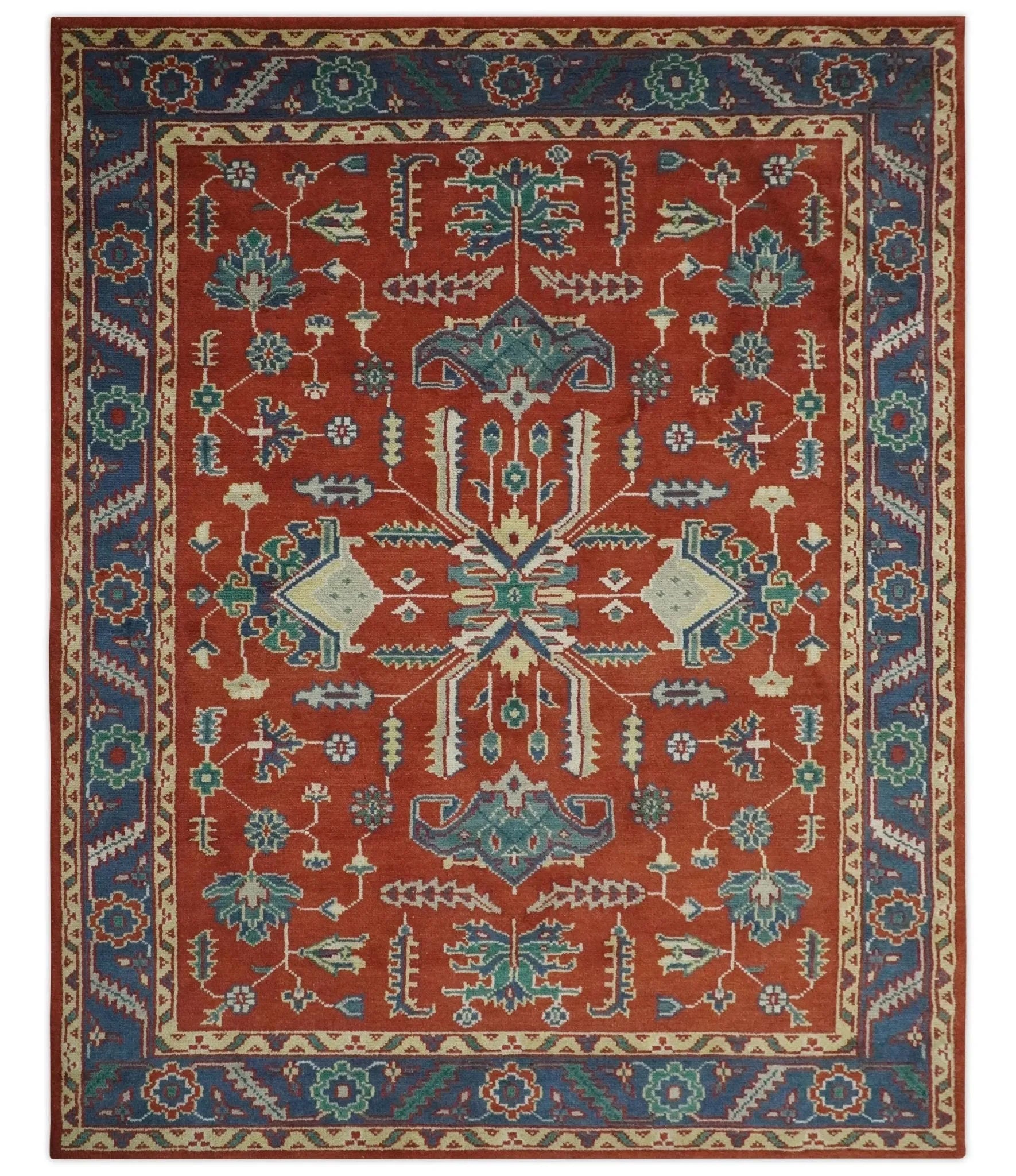 Traditional Floral Red and Blue Hand Knotted Medallion Custom Made wool Area Rug