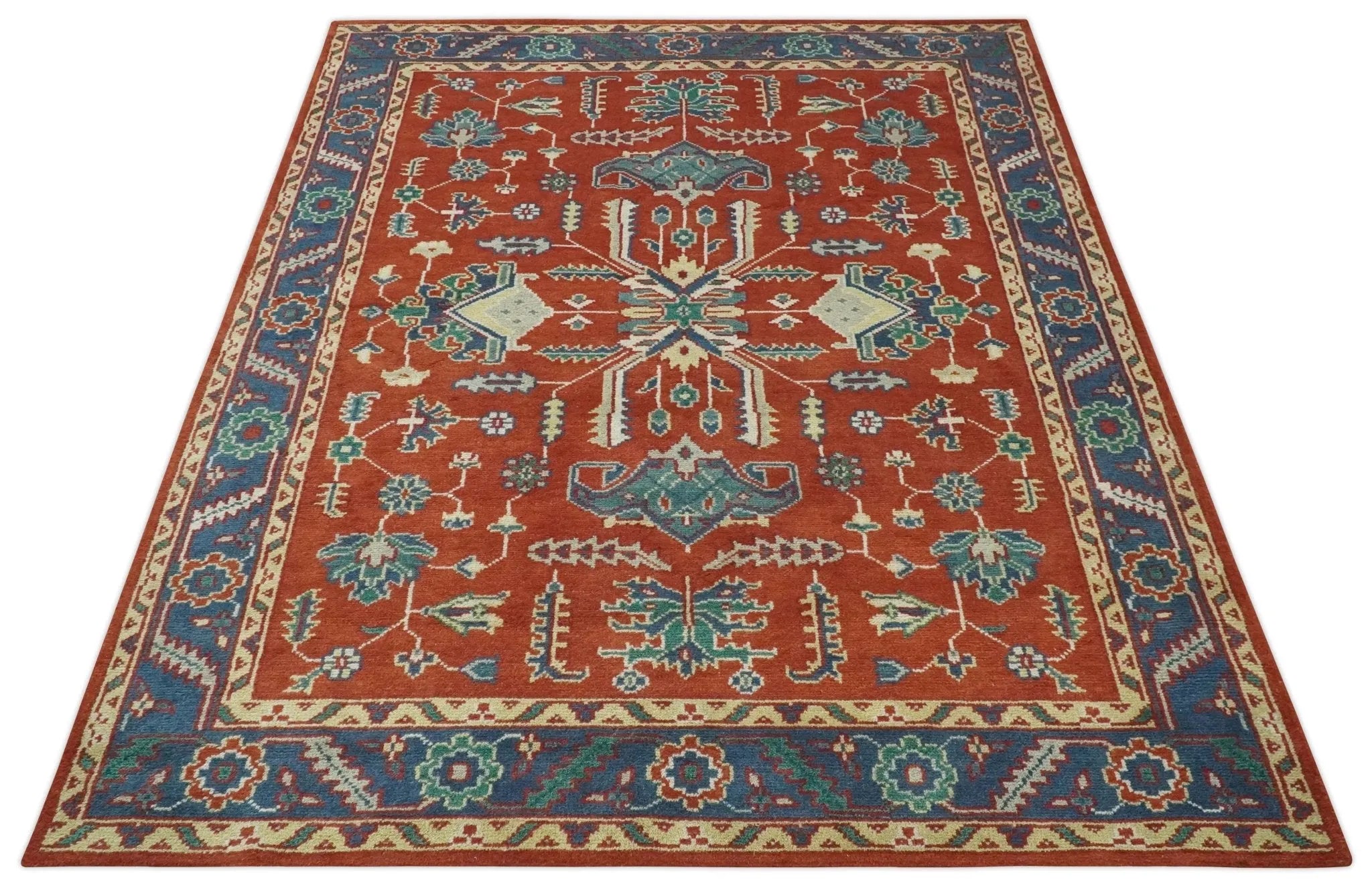 Traditional Floral Red and Blue Hand Knotted Medallion Custom Made wool Area Rug