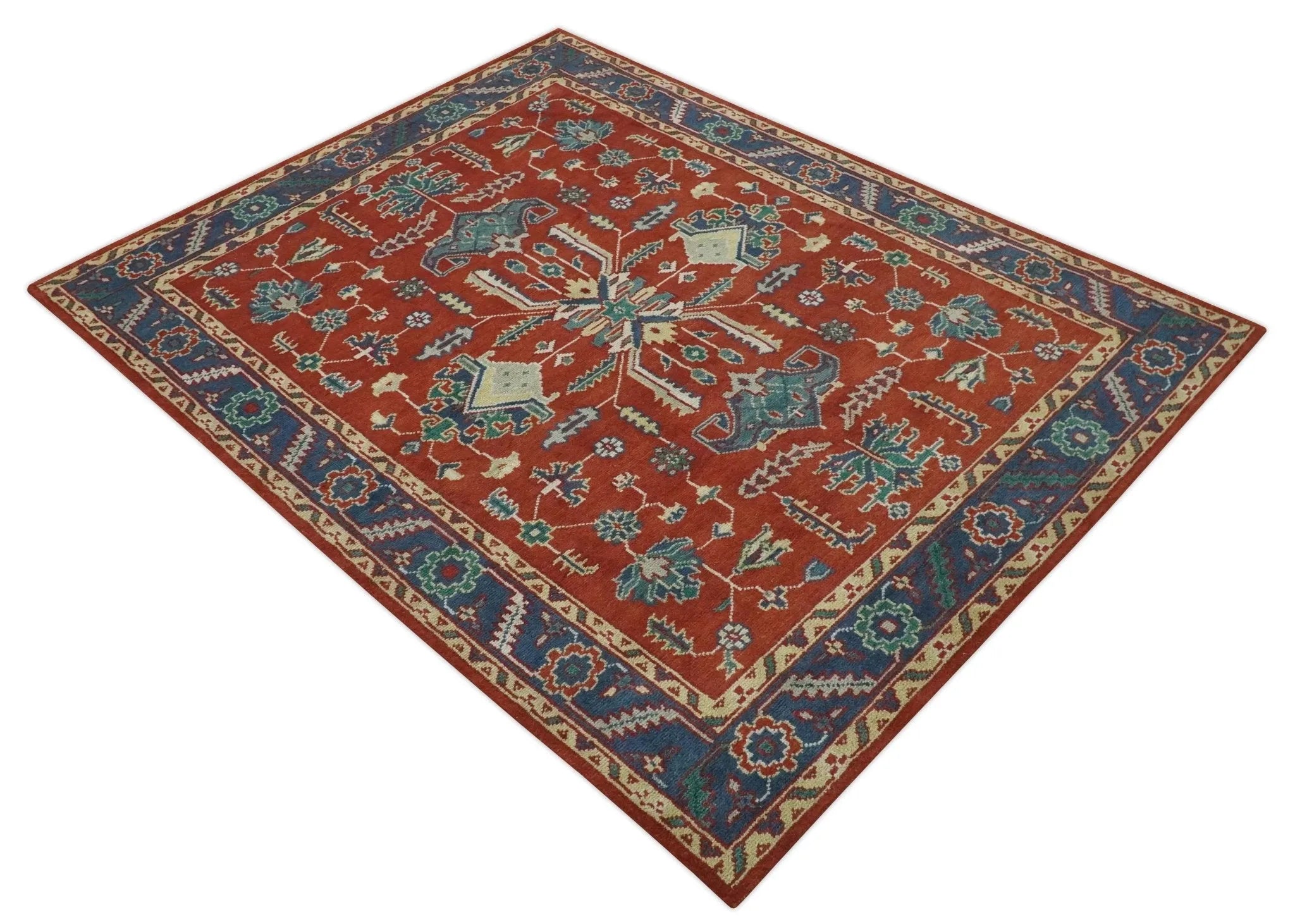 Traditional Floral Red and Blue Hand Knotted Medallion Custom Made wool Area Rug