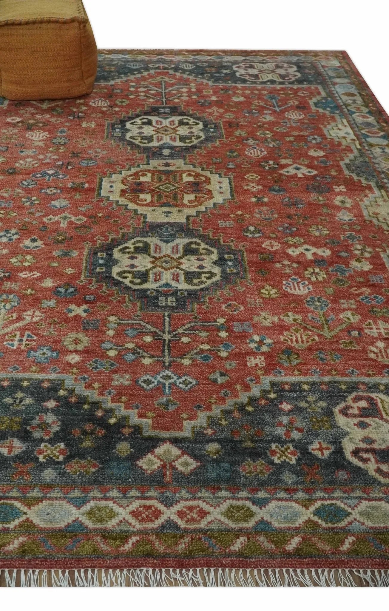 Traditional floral Rust, Charcoal and Beige Mamluk design Custom Made wool Area Rug