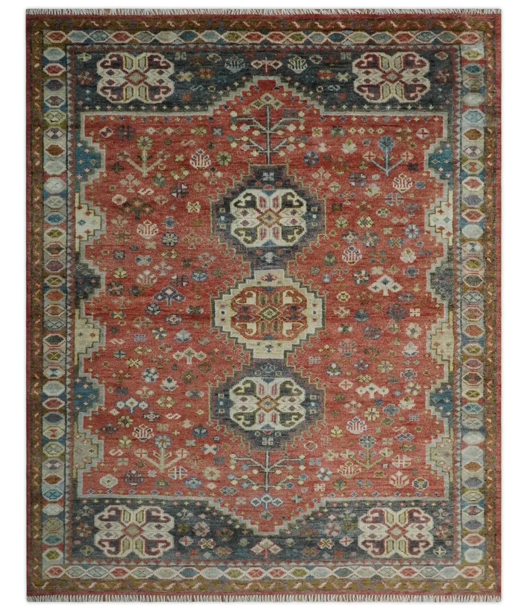 Traditional floral Rust, Charcoal and Beige Mamluk design Custom Made wool Area Rug