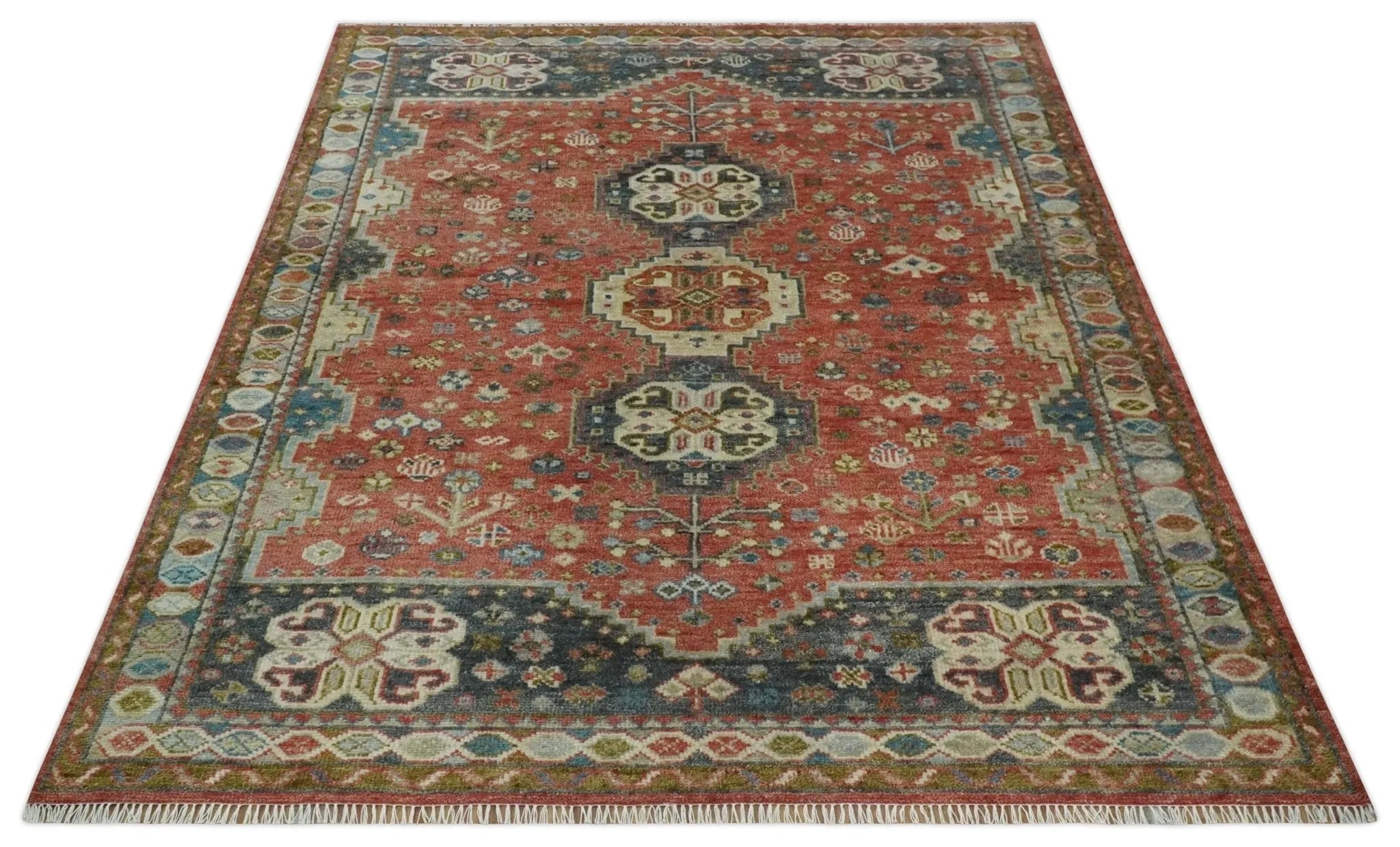 Traditional floral Rust, Charcoal and Beige Mamluk design Custom Made wool Area Rug